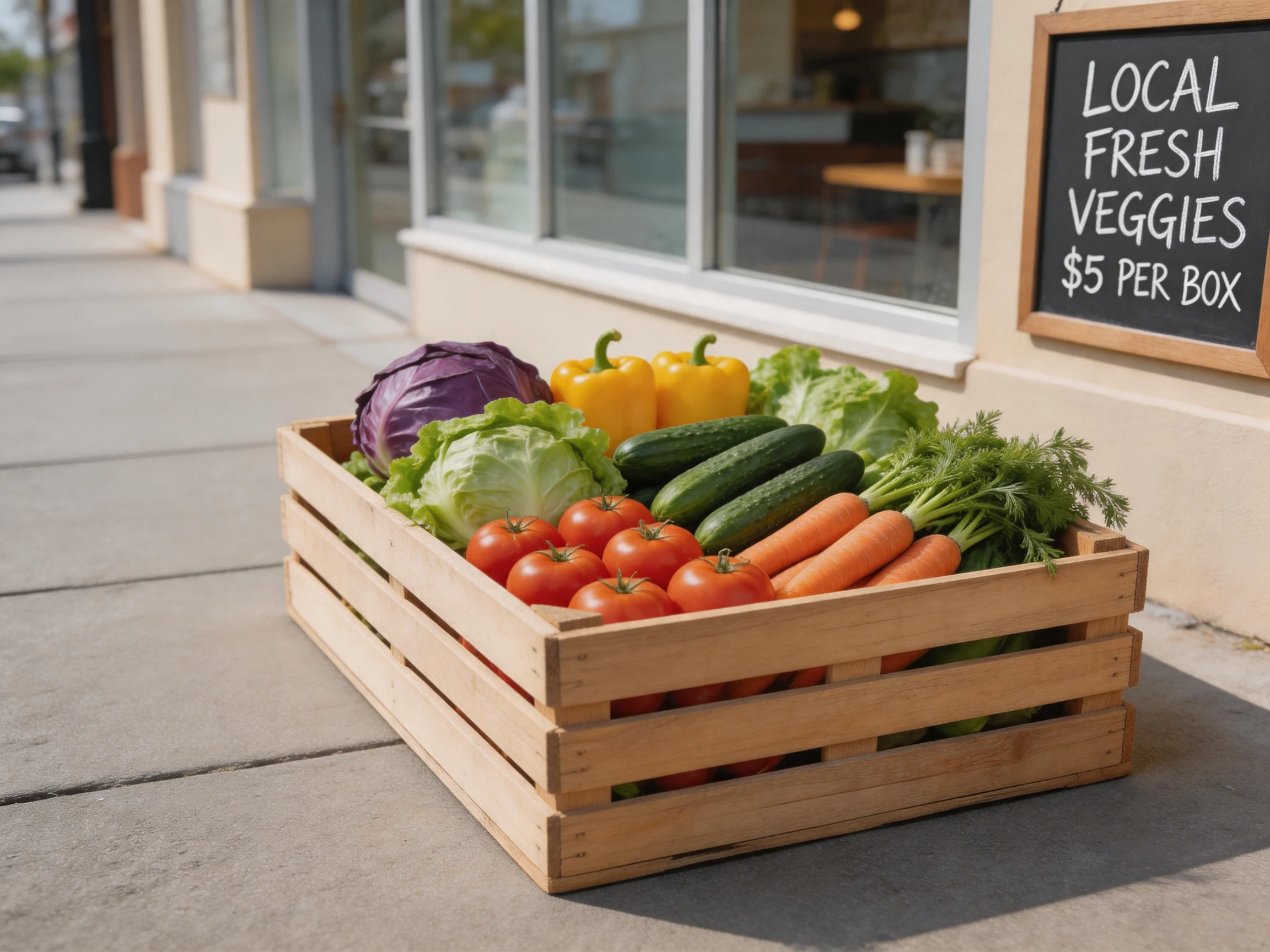 Wooden crate brimming with assorted fresh vegetables by a local shop