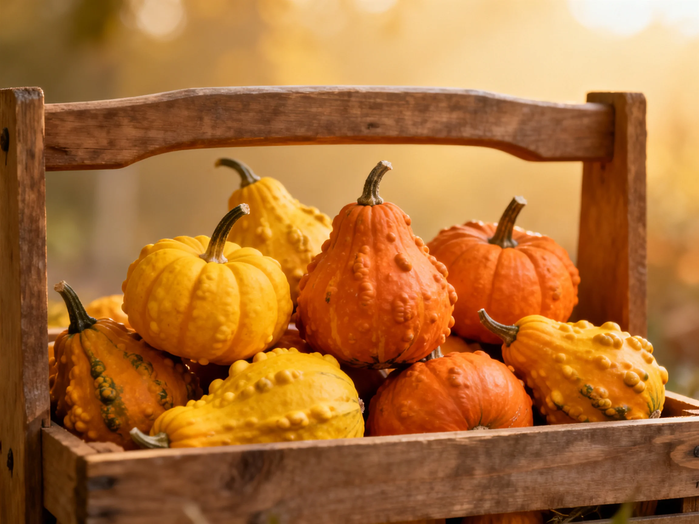 Wooden crate brimming with orange and yellow gourds and small pumpkins