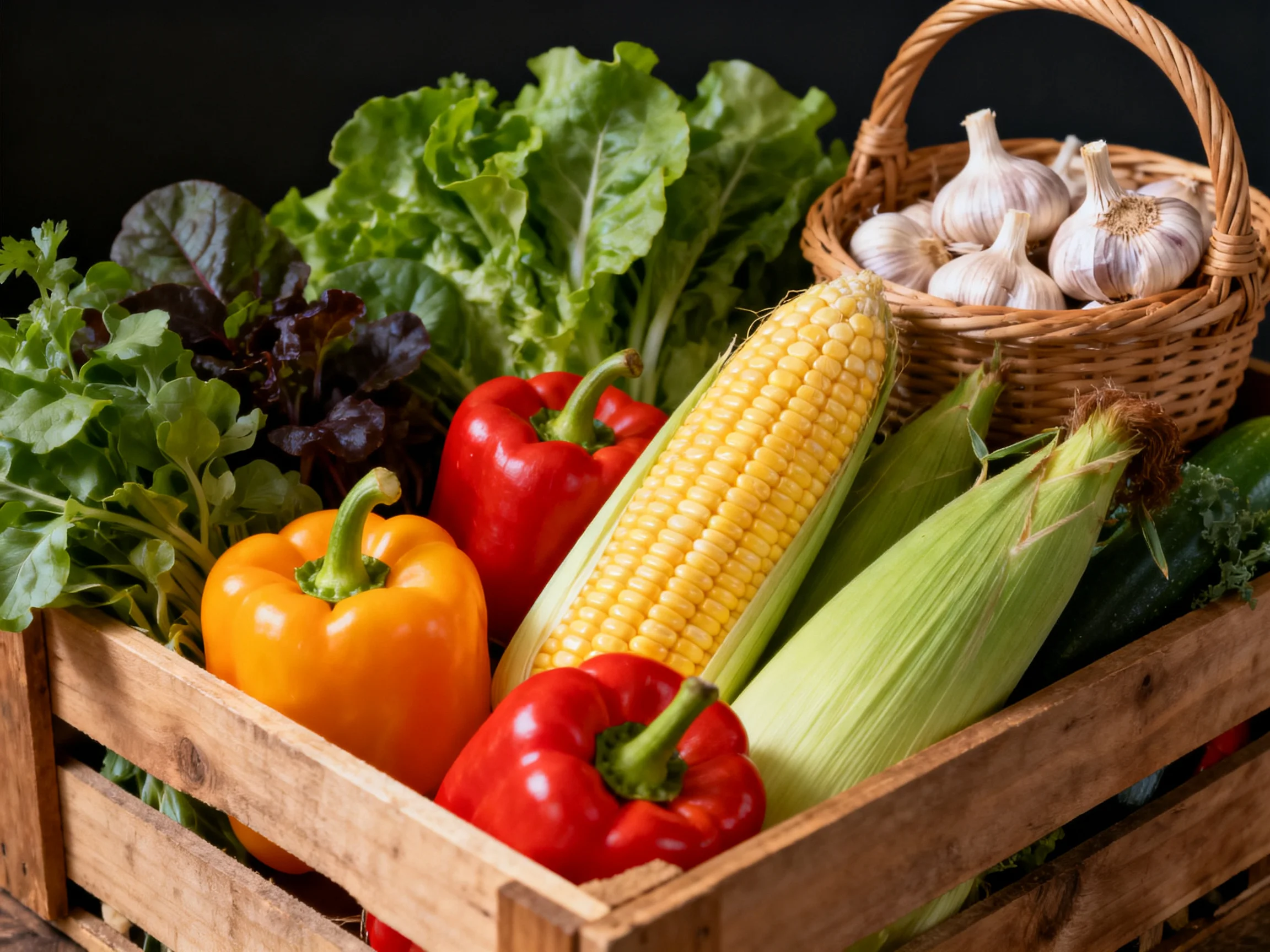 Wooden crate brimming with vibrant fresh vegetables like peppers, corn, and garlic
