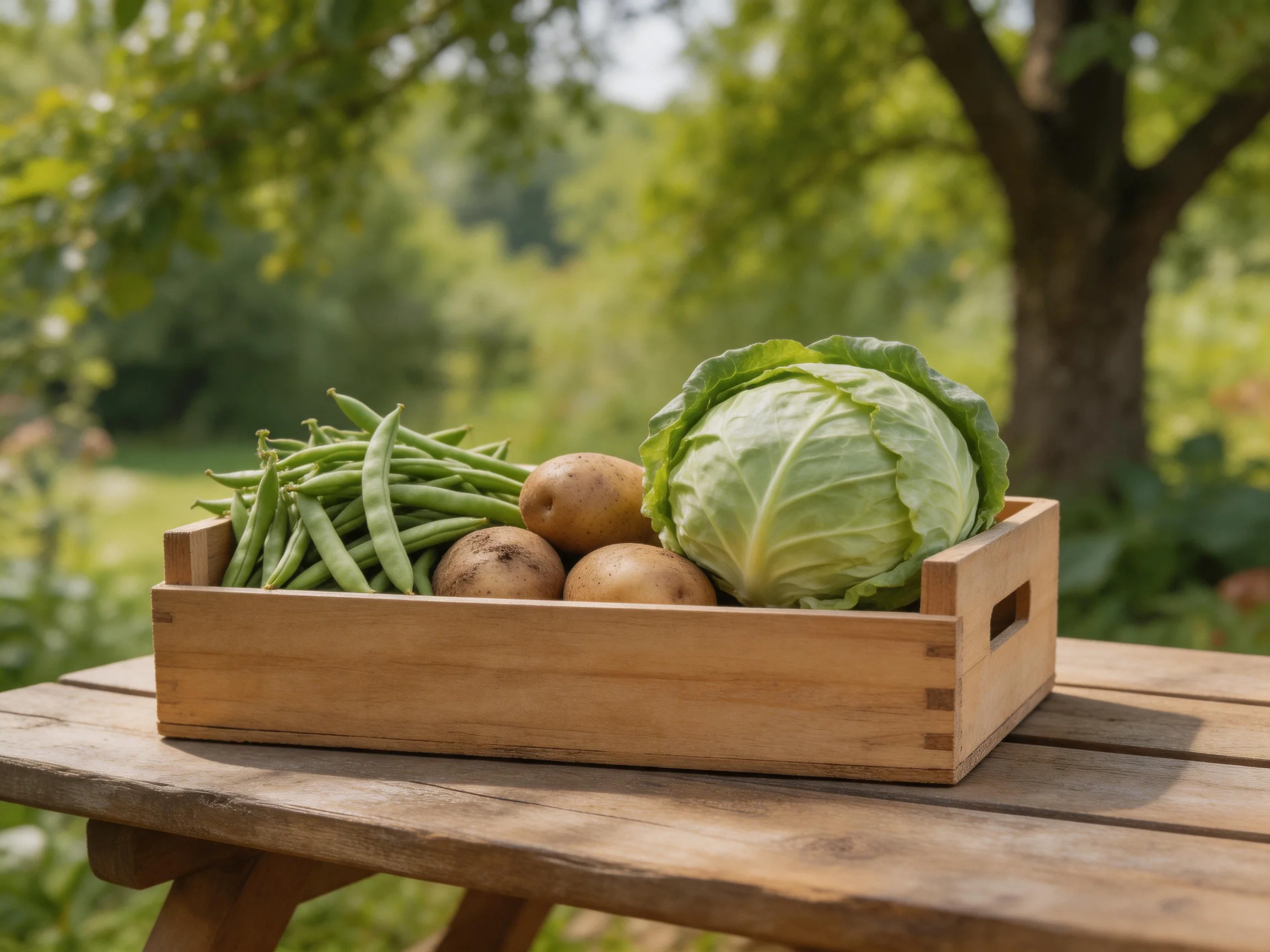 Wooden crate containing green beans, potatoes, and cabbage on an outdoor wooden table