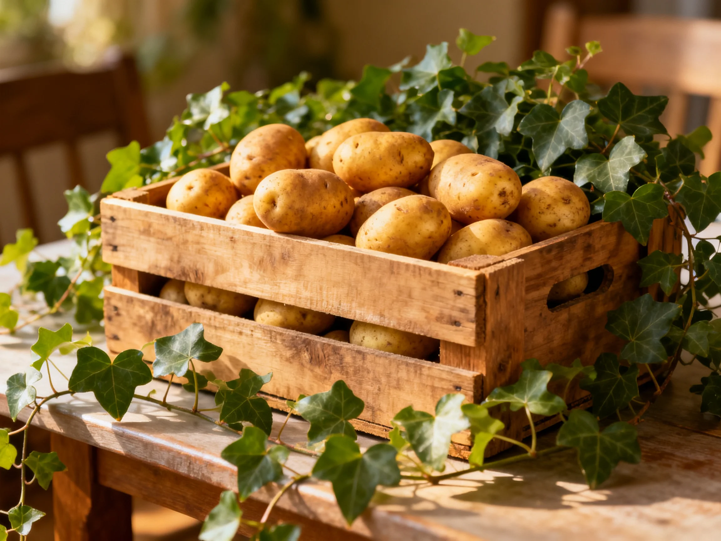 Wooden crate filled with golden potatoes and green vines