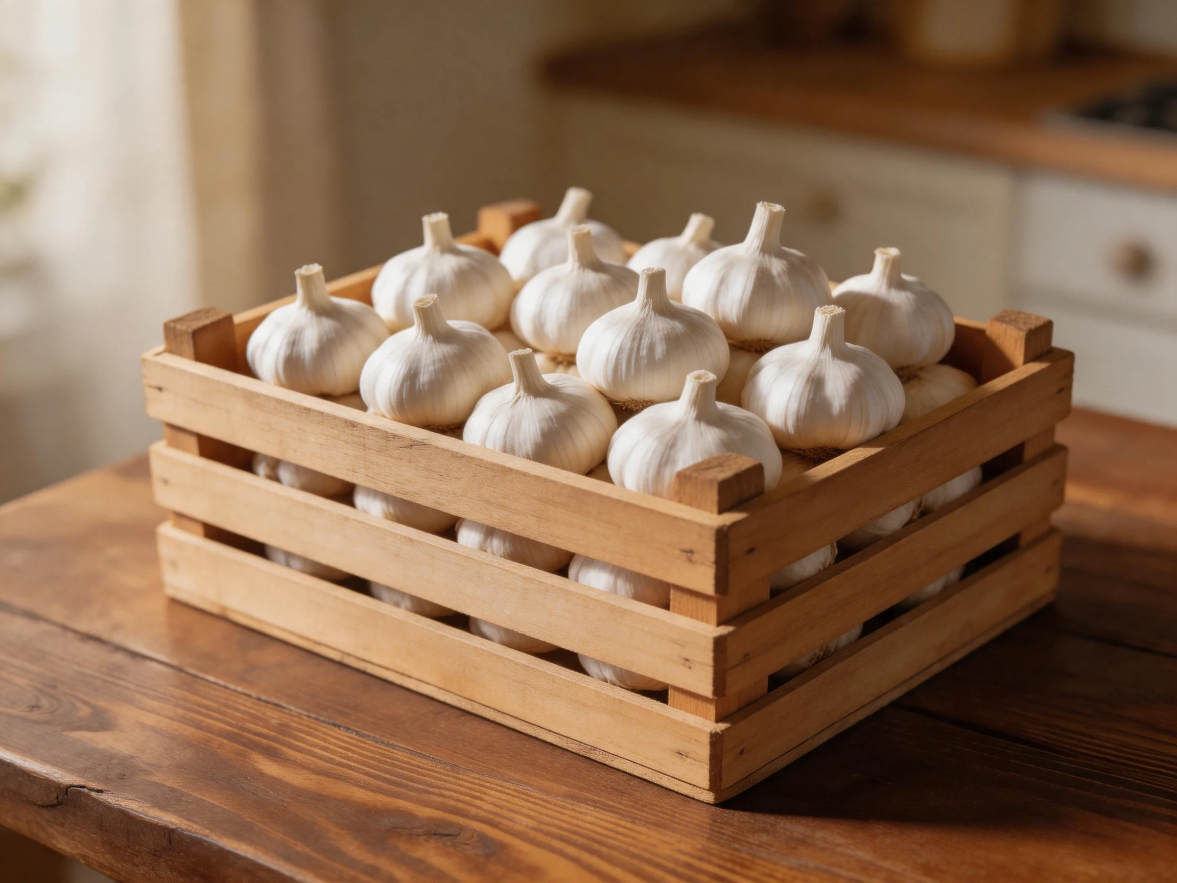 Wooden crate filled with white garlic bulbs sits on a brown wooden table