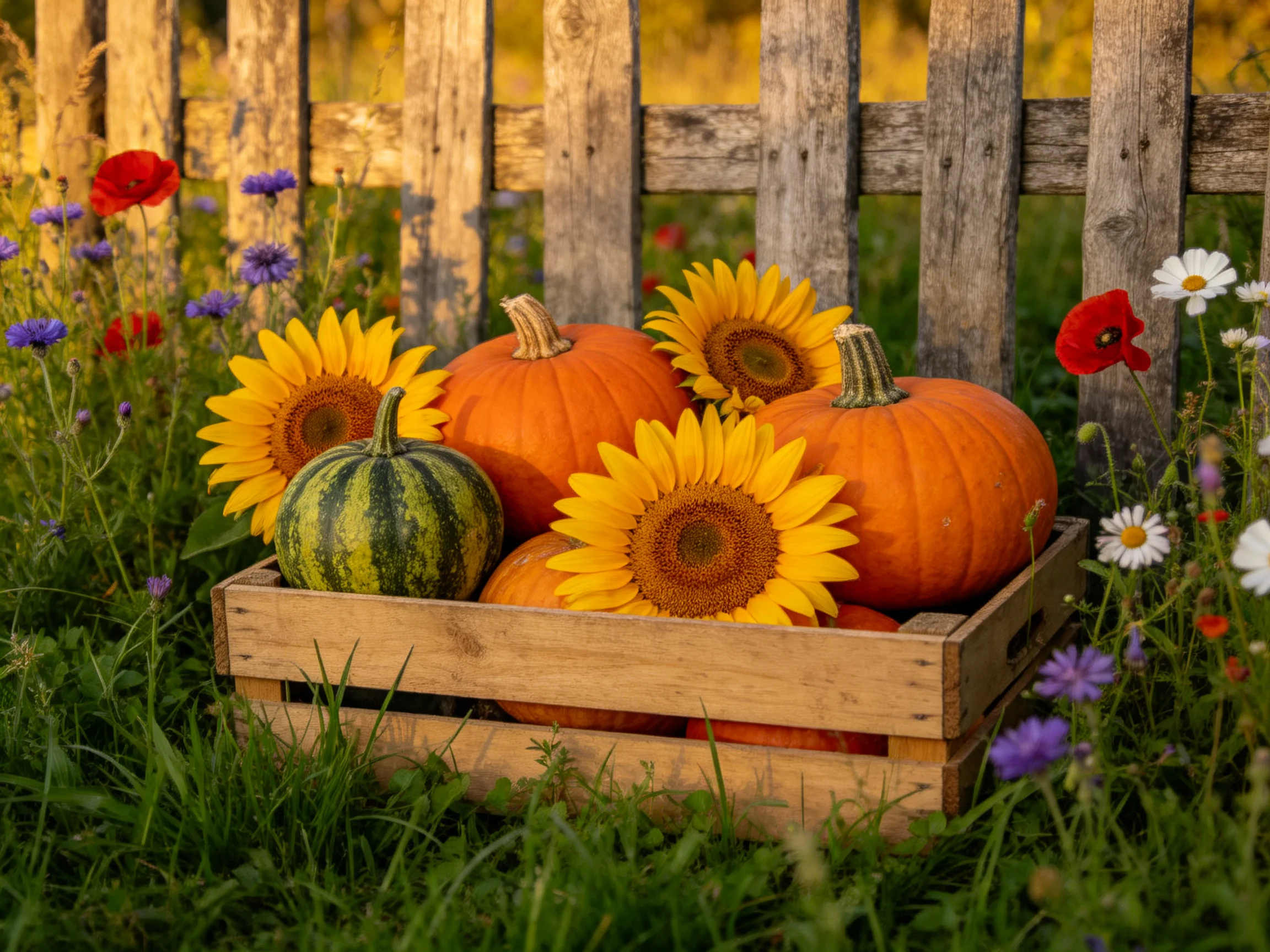 Wooden crate holds orange pumpkins, yellow sunflowers, green gourd by aged fence