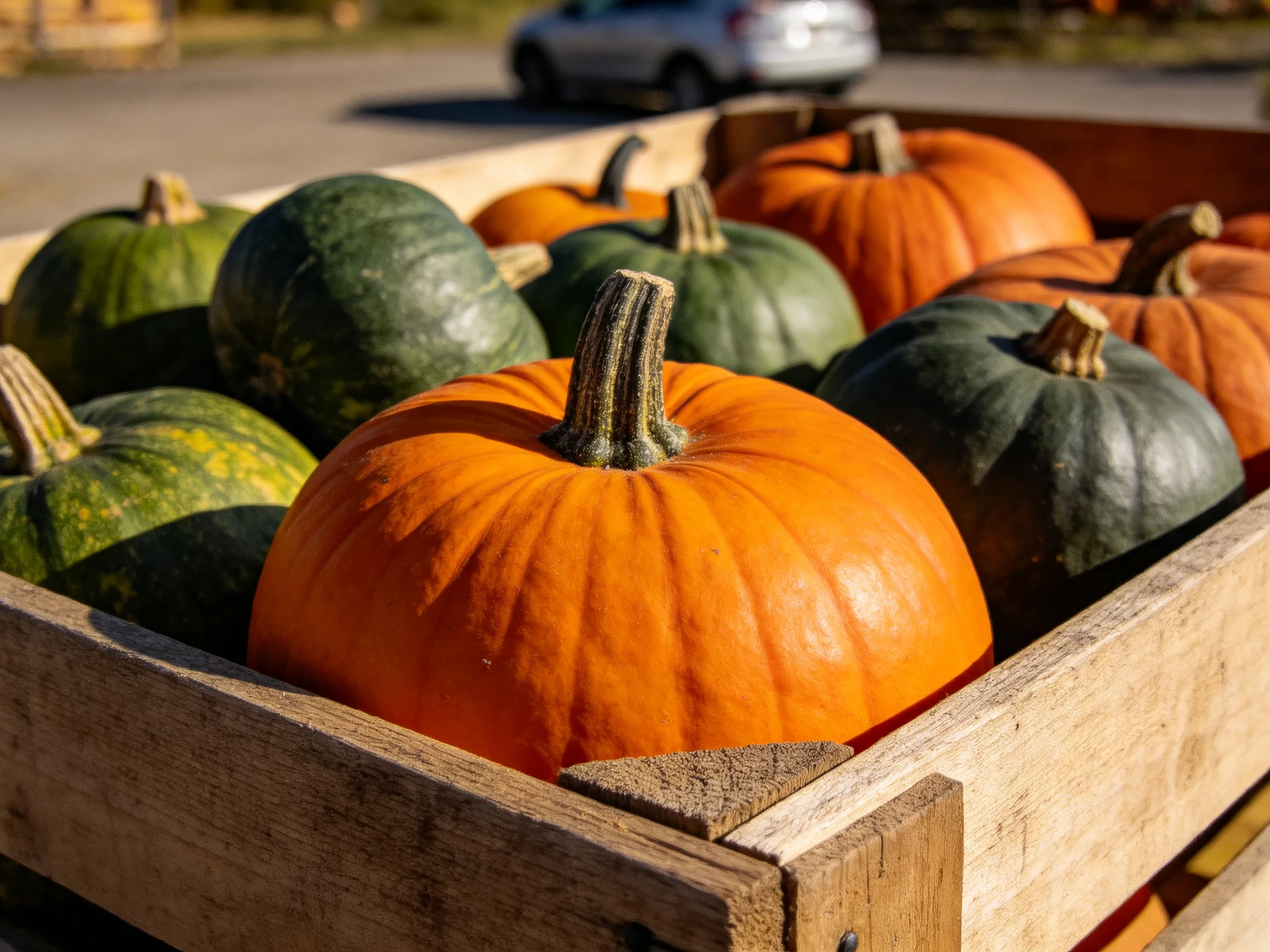 Wooden crate holds vibrant orange and dark green pumpkins in bright daylight