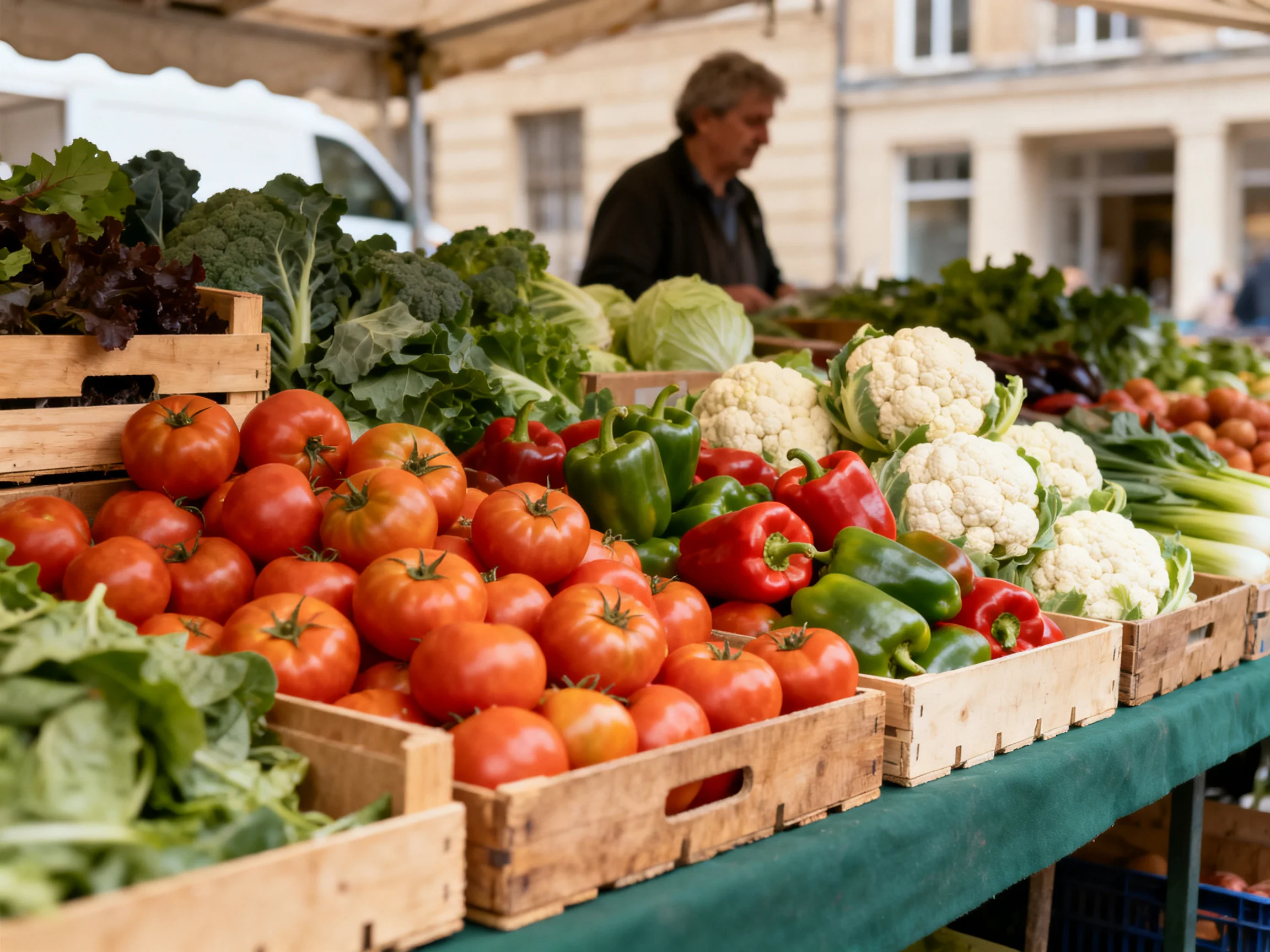Wooden crates display colorful fresh vegetables at an outdoor market