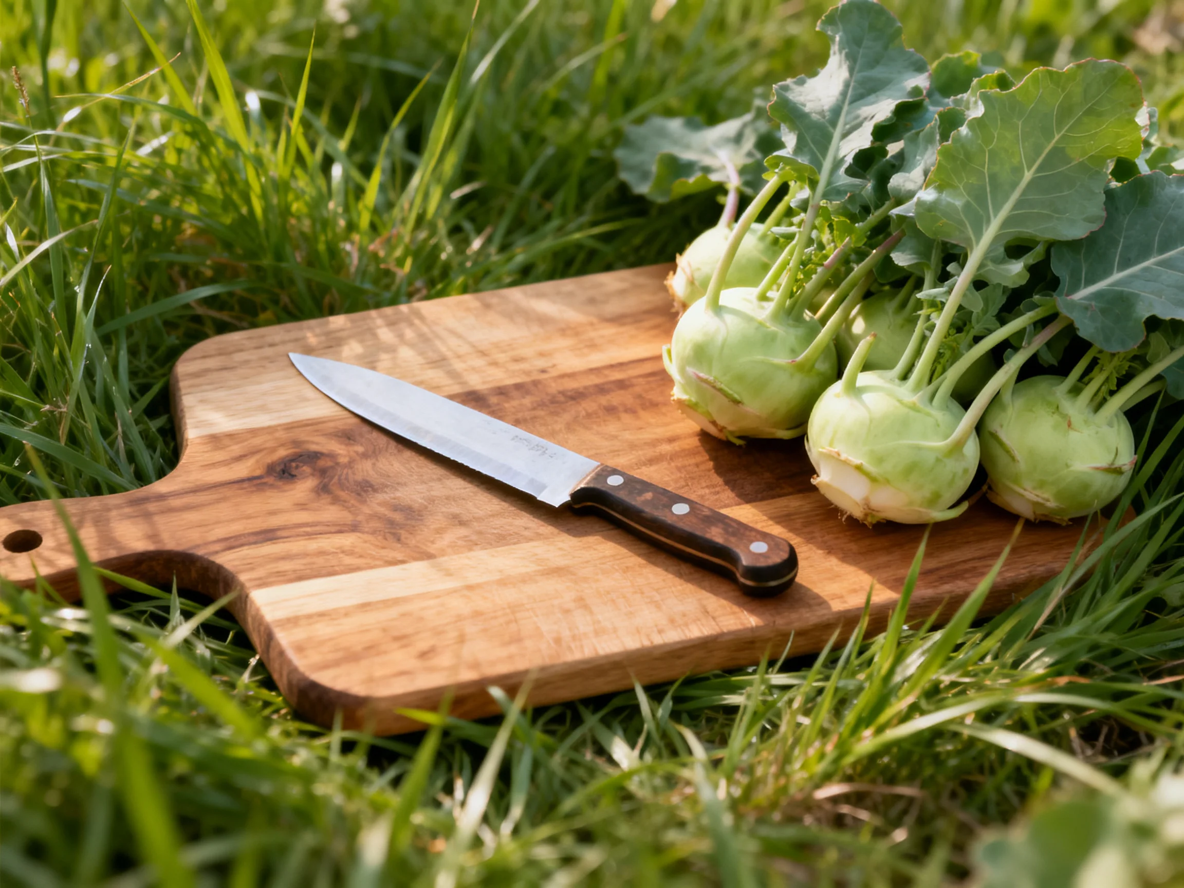 Wooden cutting board with knife and green vegetables on grass