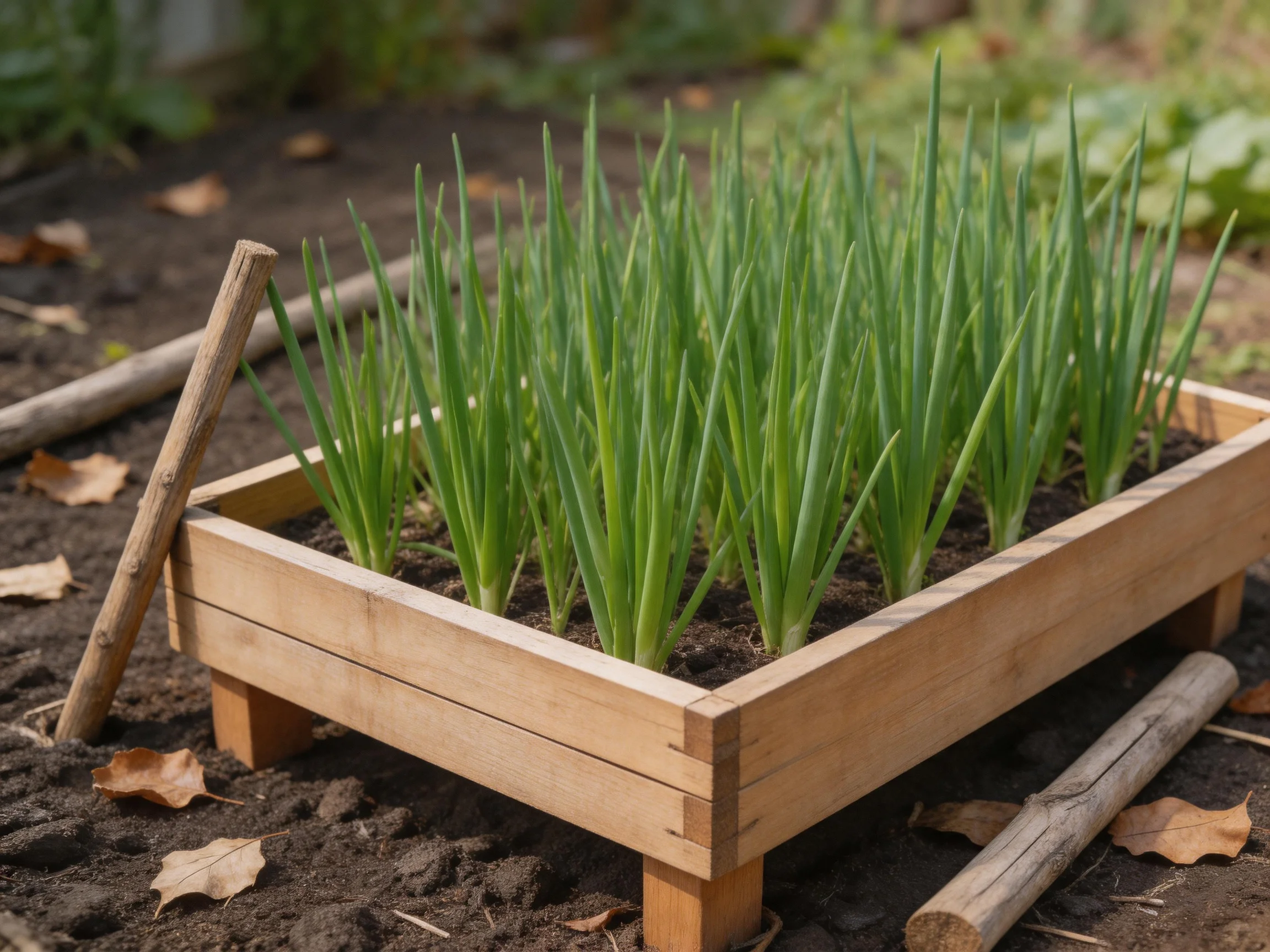 Wooden planter box with lush green plants in a garden bed
