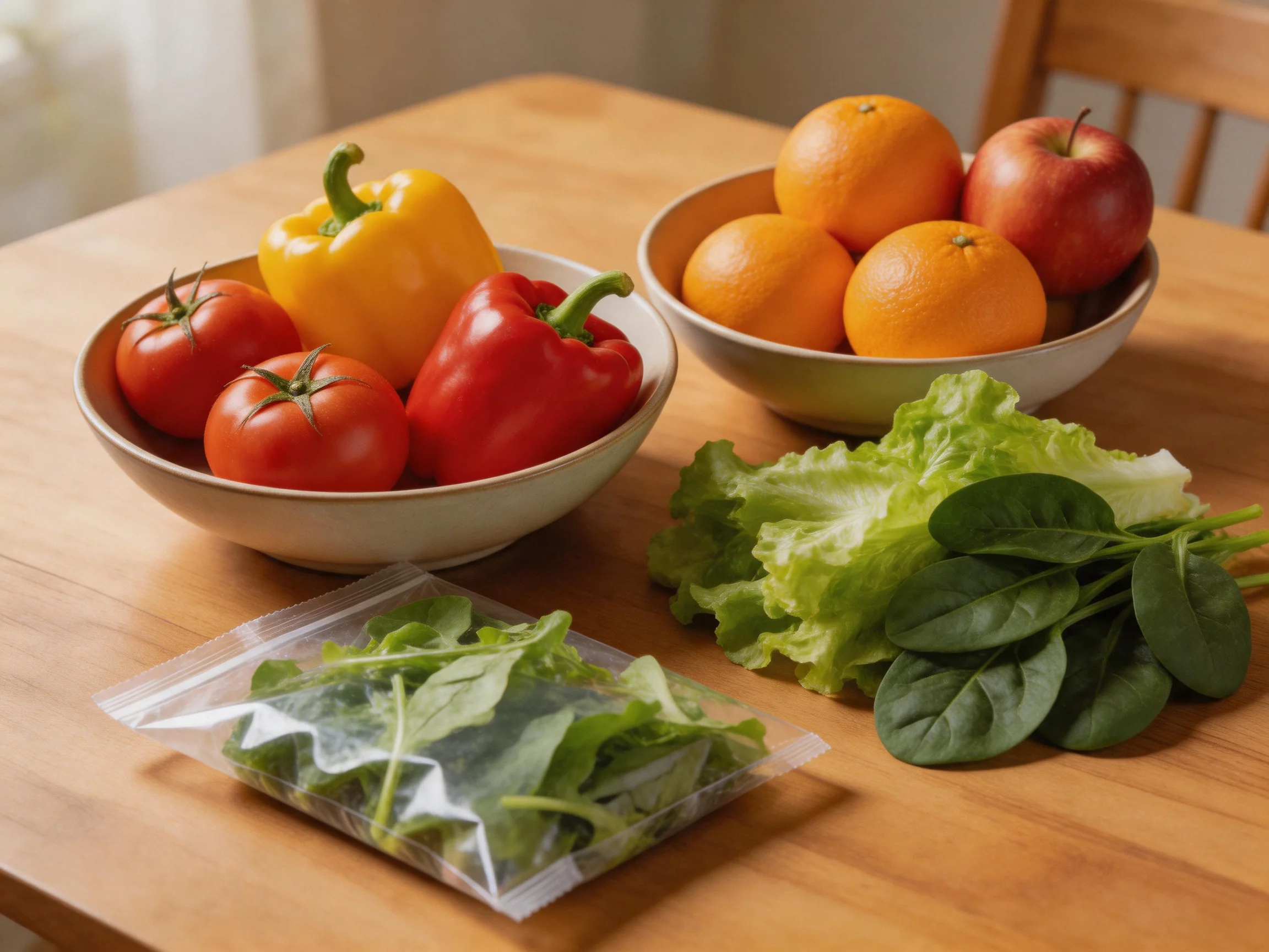 Wooden table holds bowls of vibrant fruits and vegetables: tomatoes, peppers, oranges, apples, lettuc