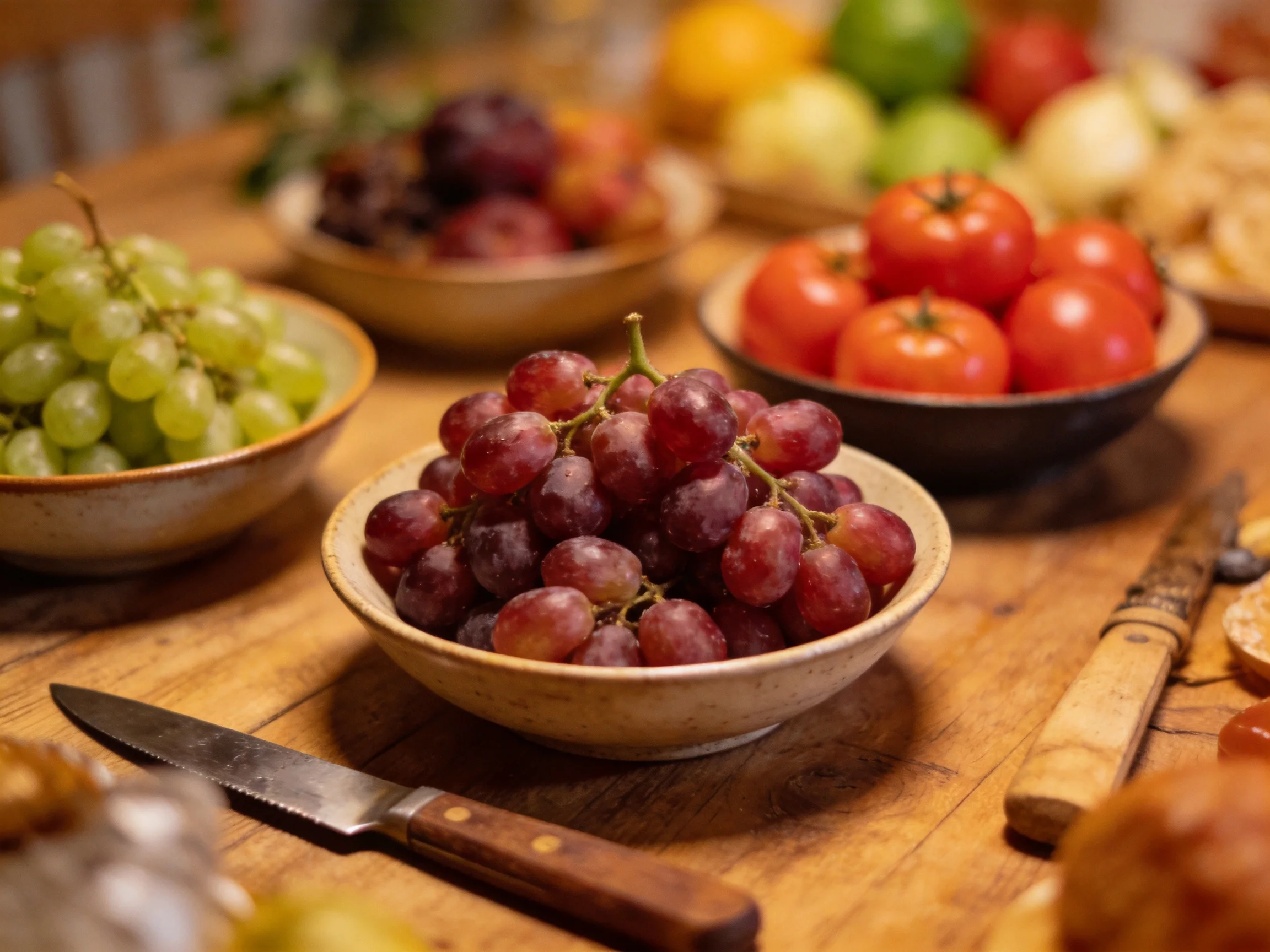 Wooden table with ceramic bowls of red, green, and purple grapes, tomatoes, and mixed fruits