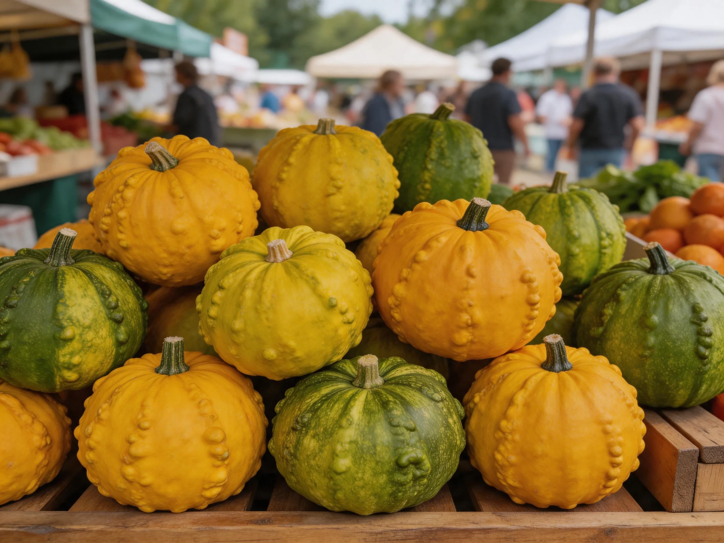 Yellow and green ornamental squashes piled at an outdoor farmers market