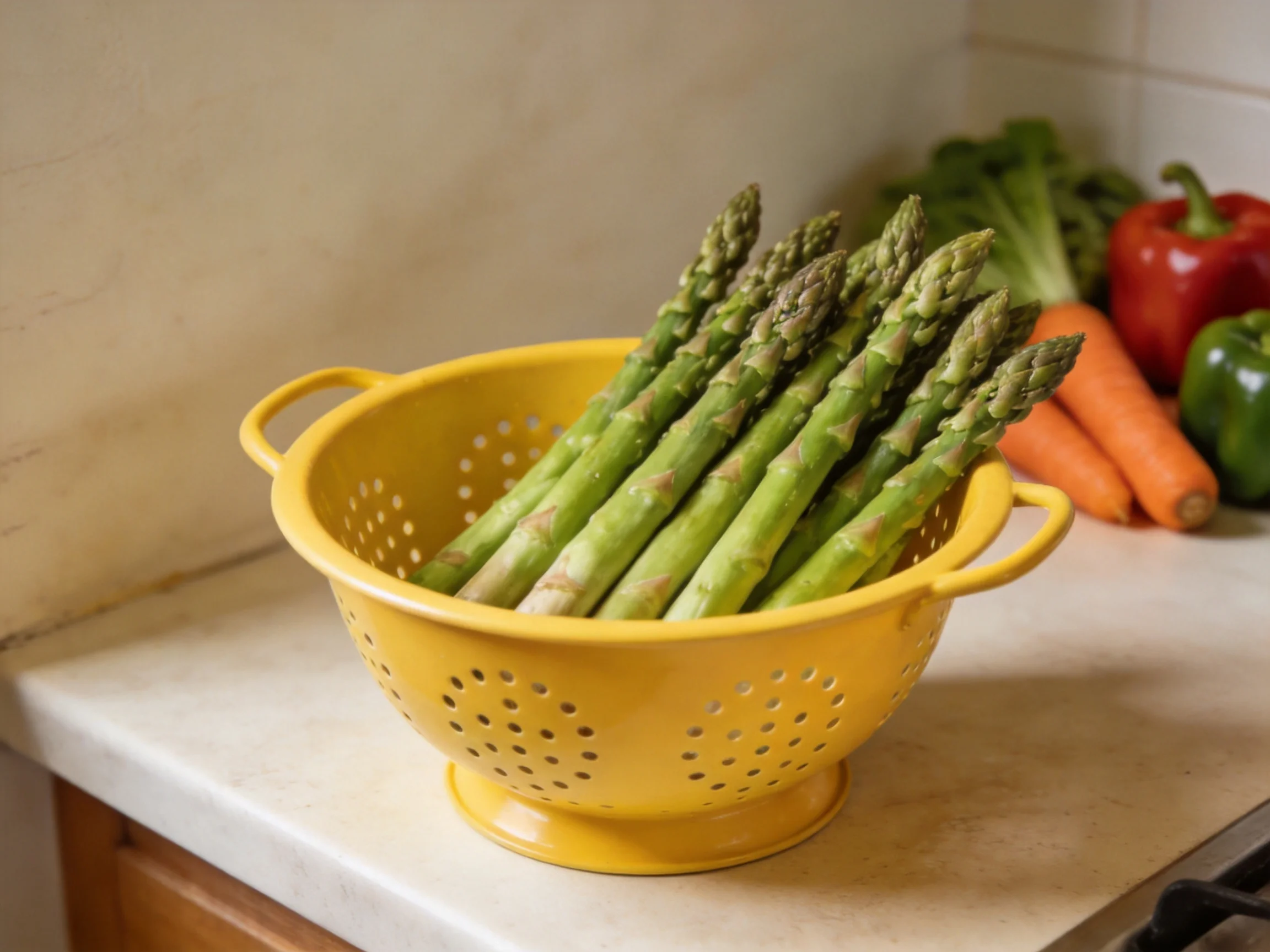 Yellow colander holds fresh green asparagus near carrots and red pepper