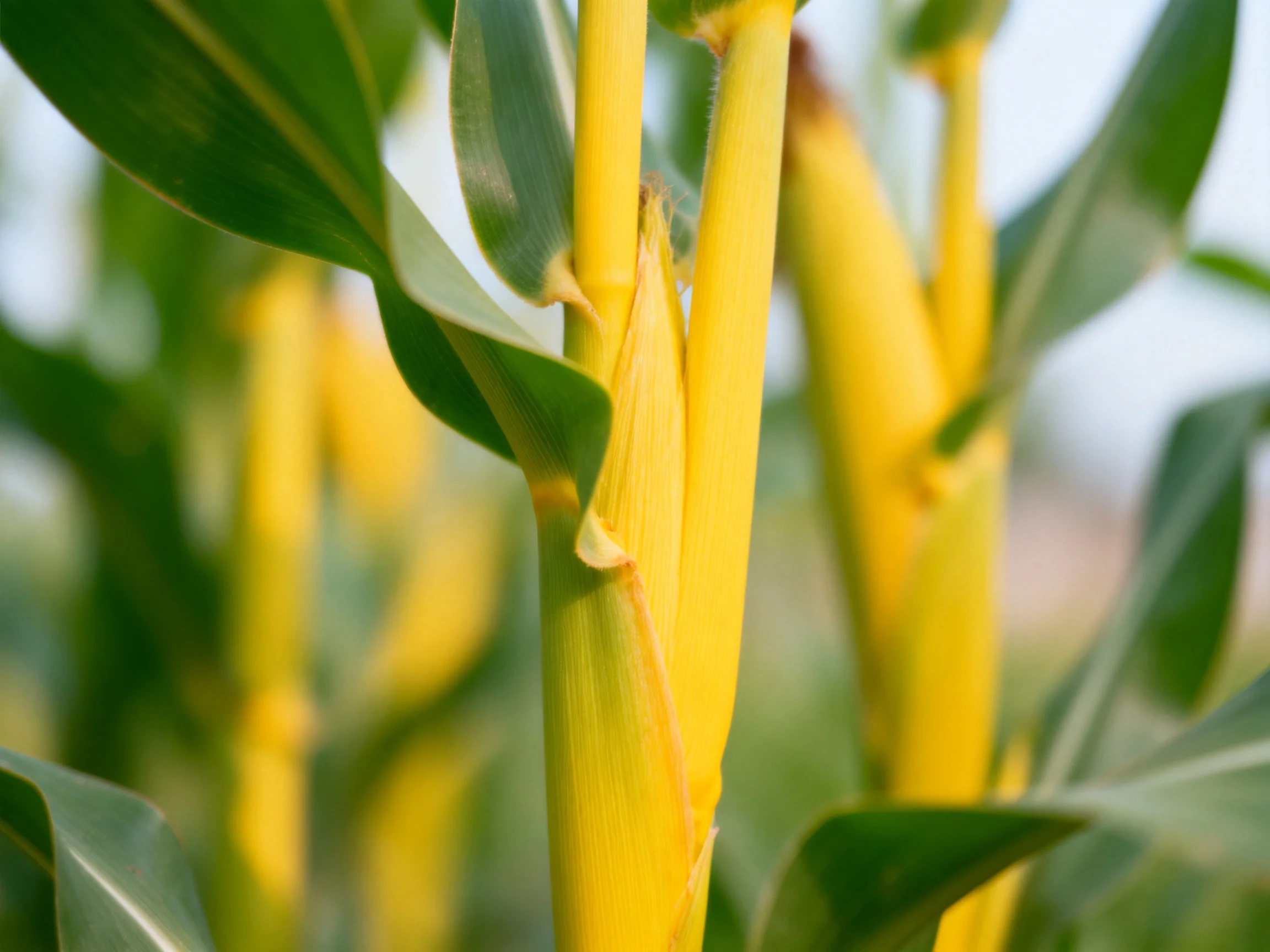 Yellow corn stalks with green leaves in a field
