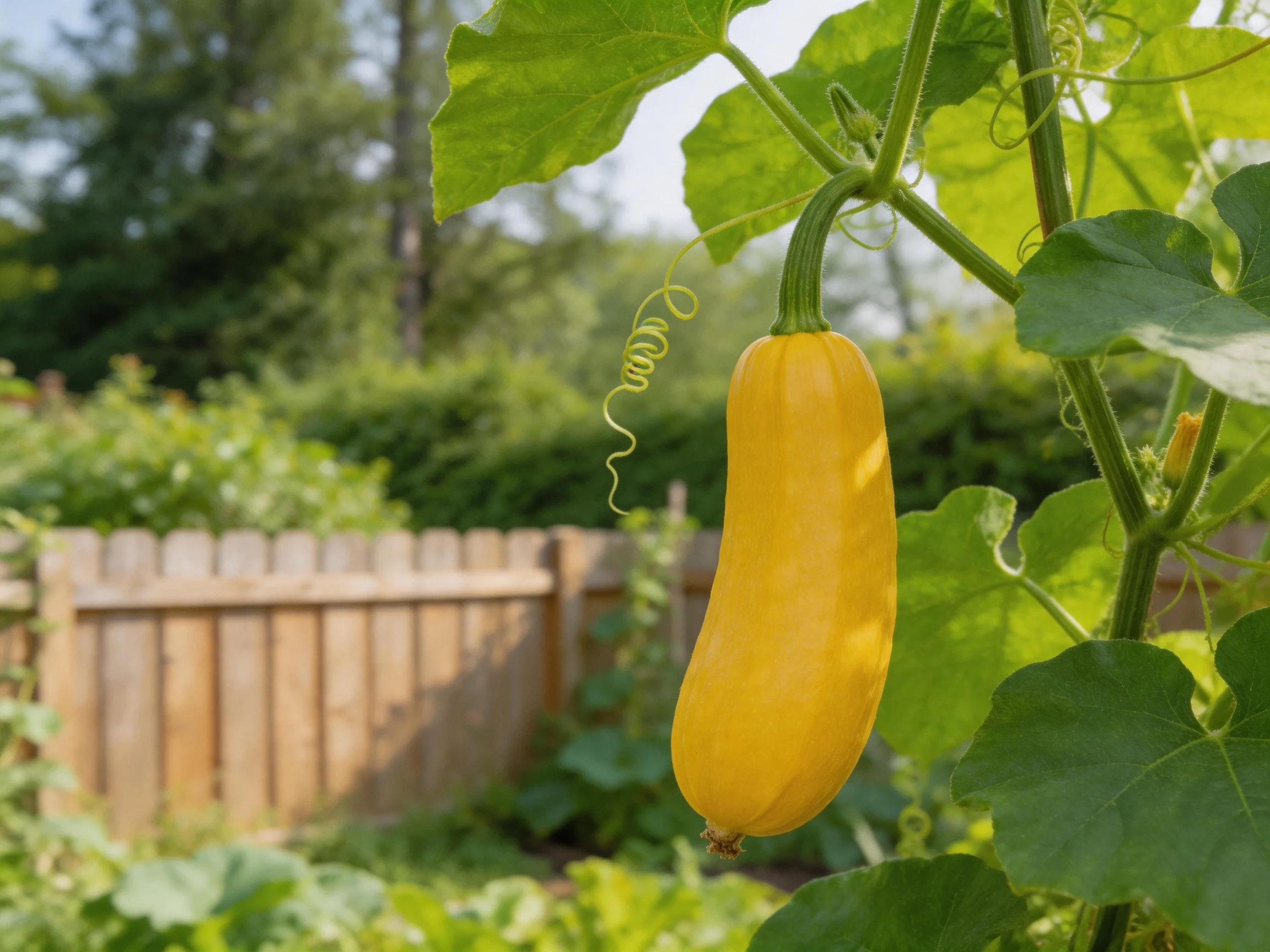 Yellow squash hangs from vine near wooden fence
