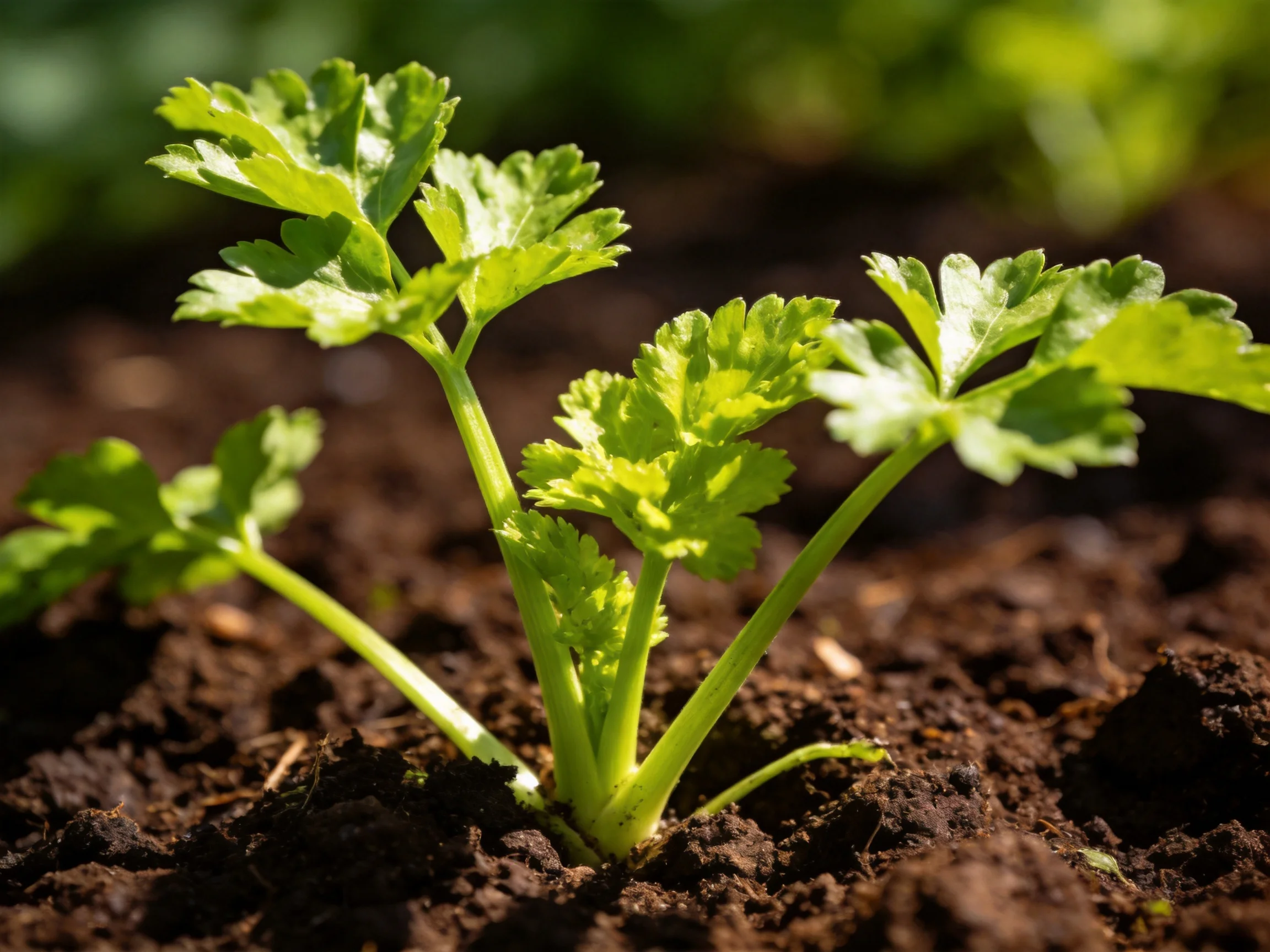 Young celery seedlings with vibrant green leaves in dark brown soil