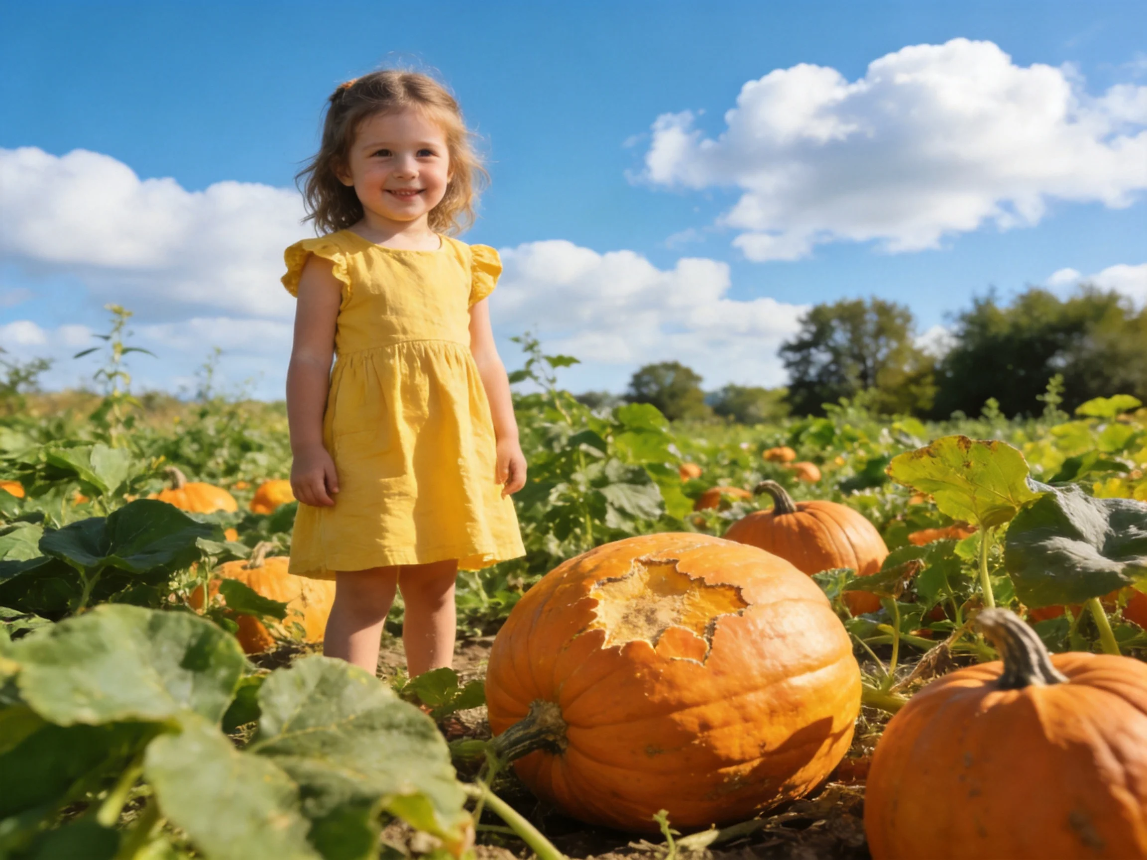 Young girl in yellow dress among large orange pumpkins in sunny farm field