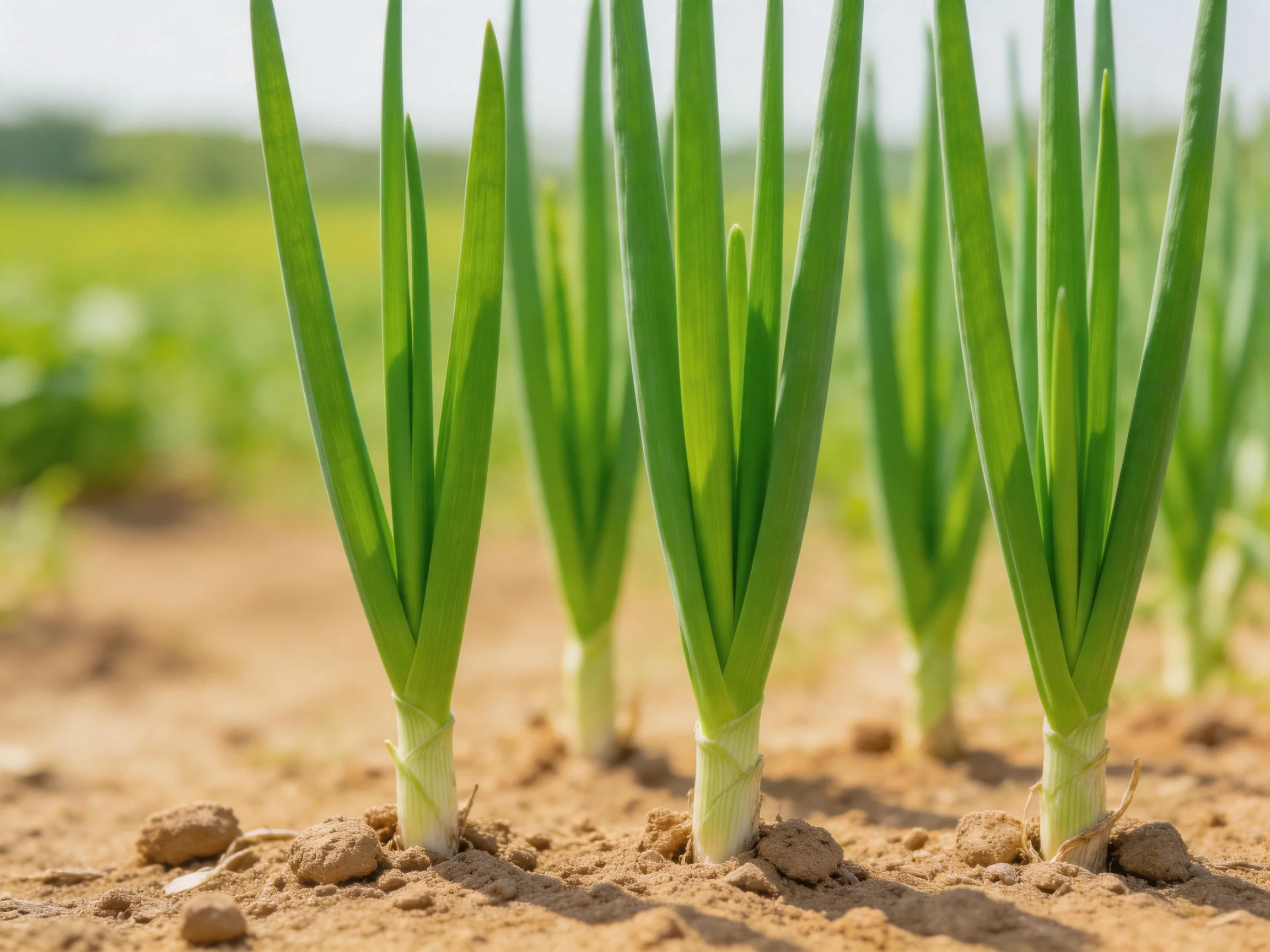 Young green onion seedlings growing in neat rows over sandy soil
