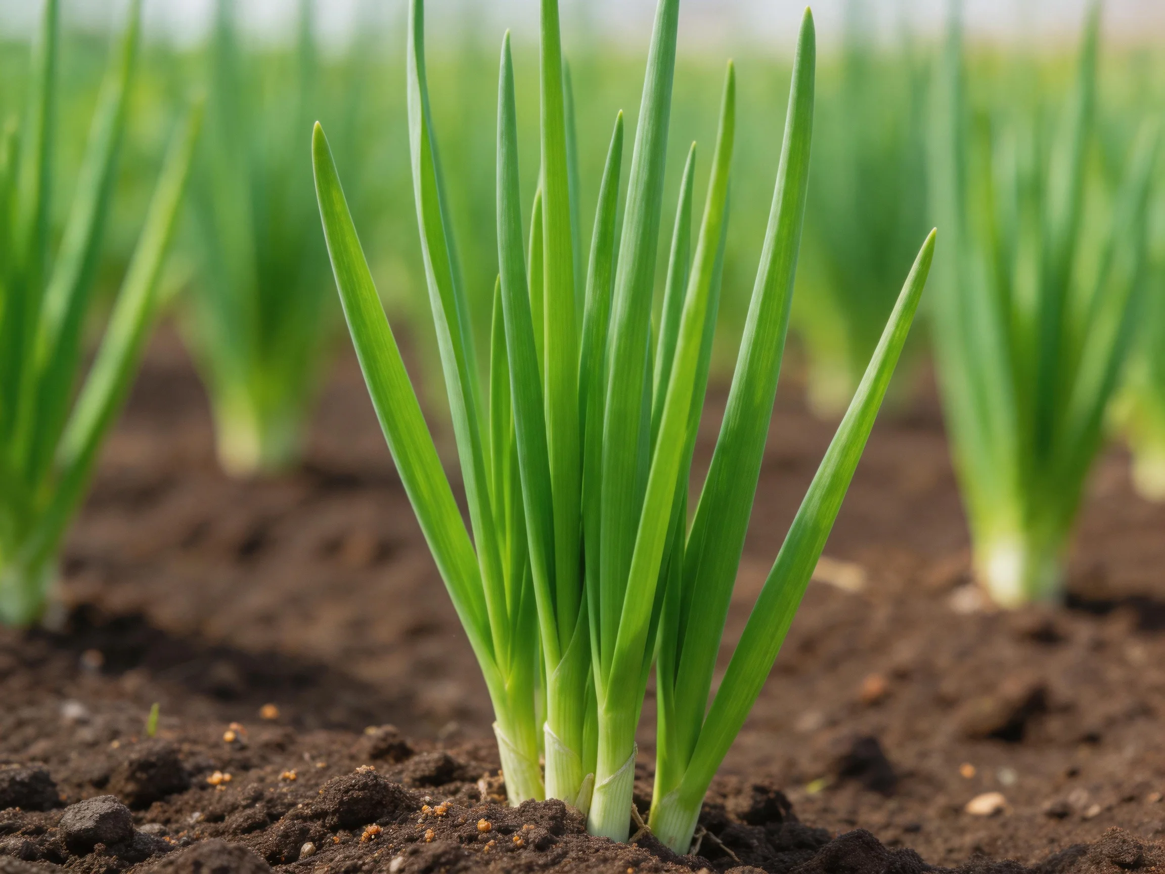 Young green onion seedlings growing in neatly arranged rows with dark brown soil