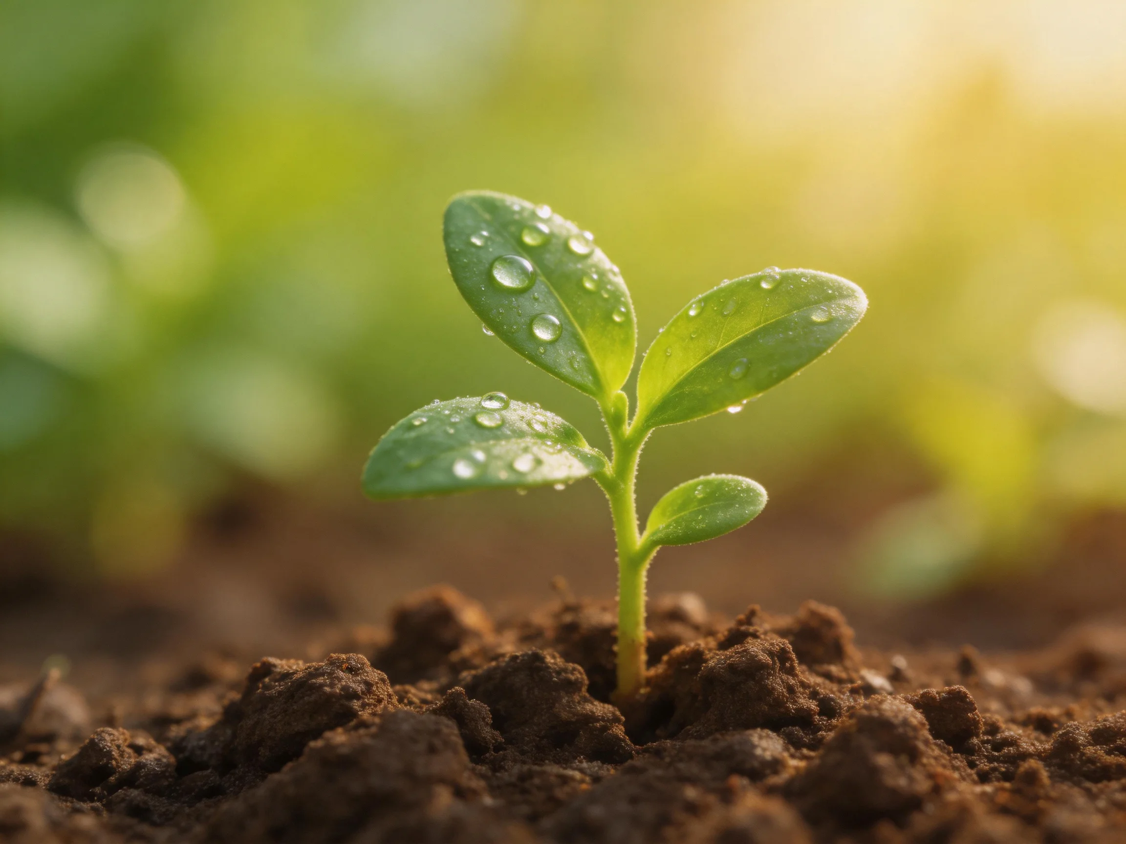 Young green seedling with water droplets growing from dark soil
