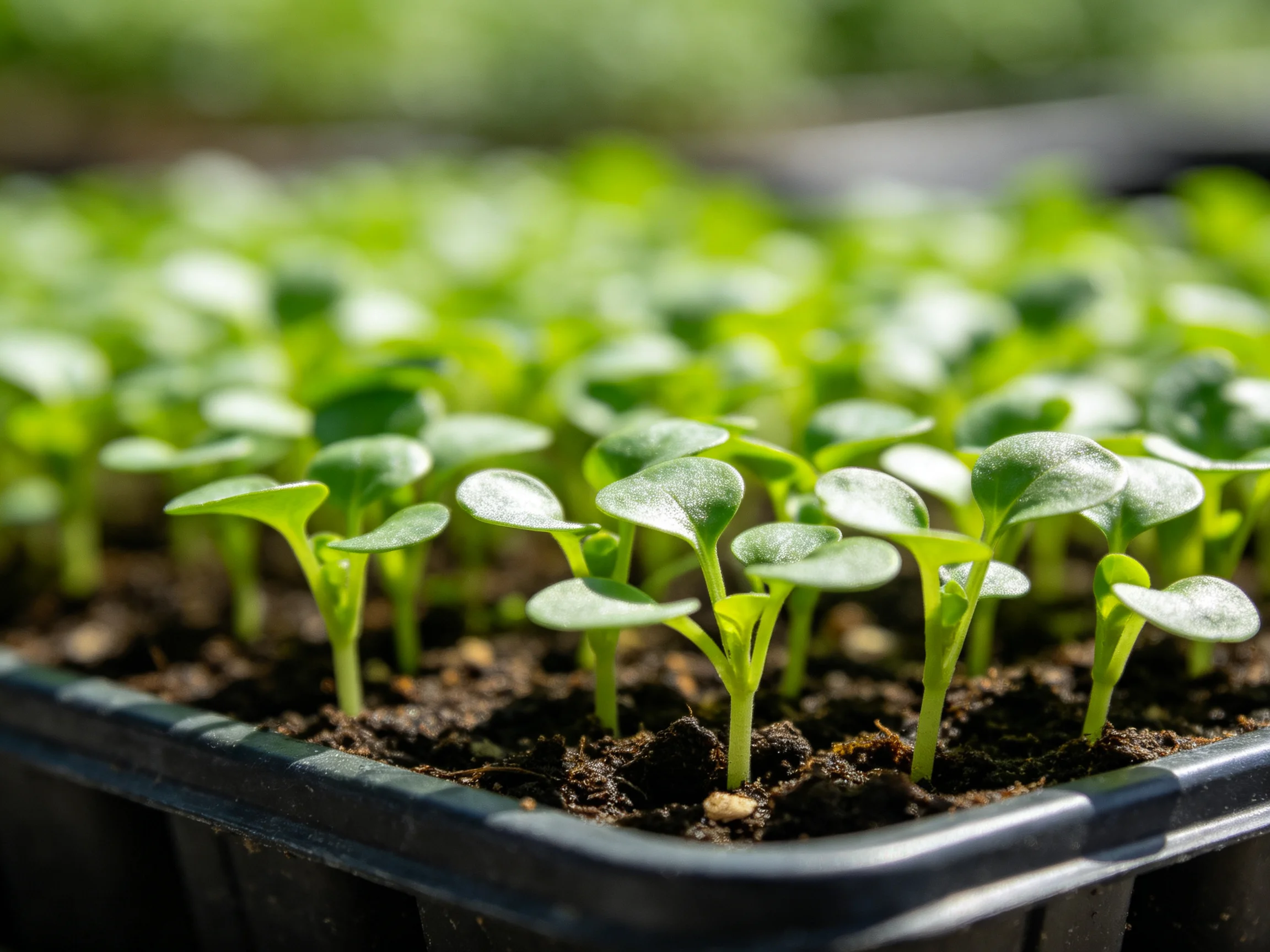 Young green seedlings growing densely in a black plastic tray