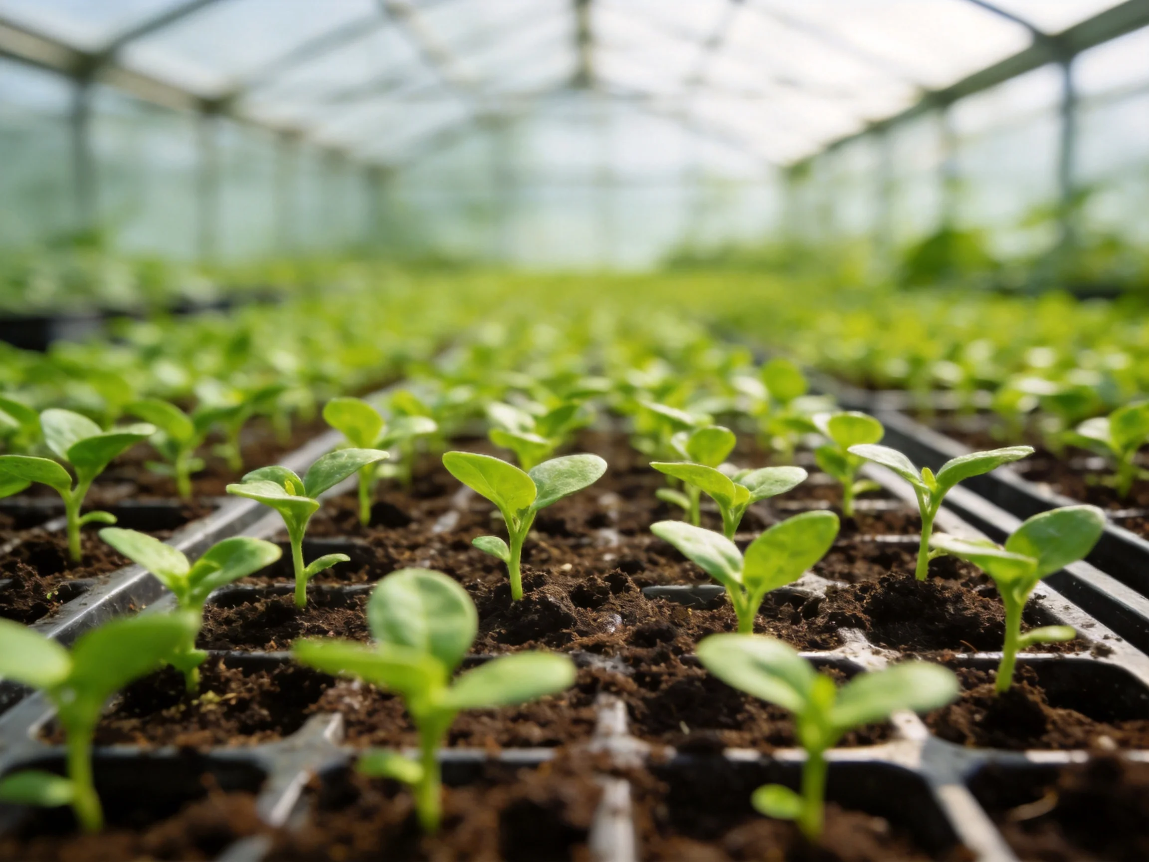 Young green seedlings in organized trays inside a bright greenhouse