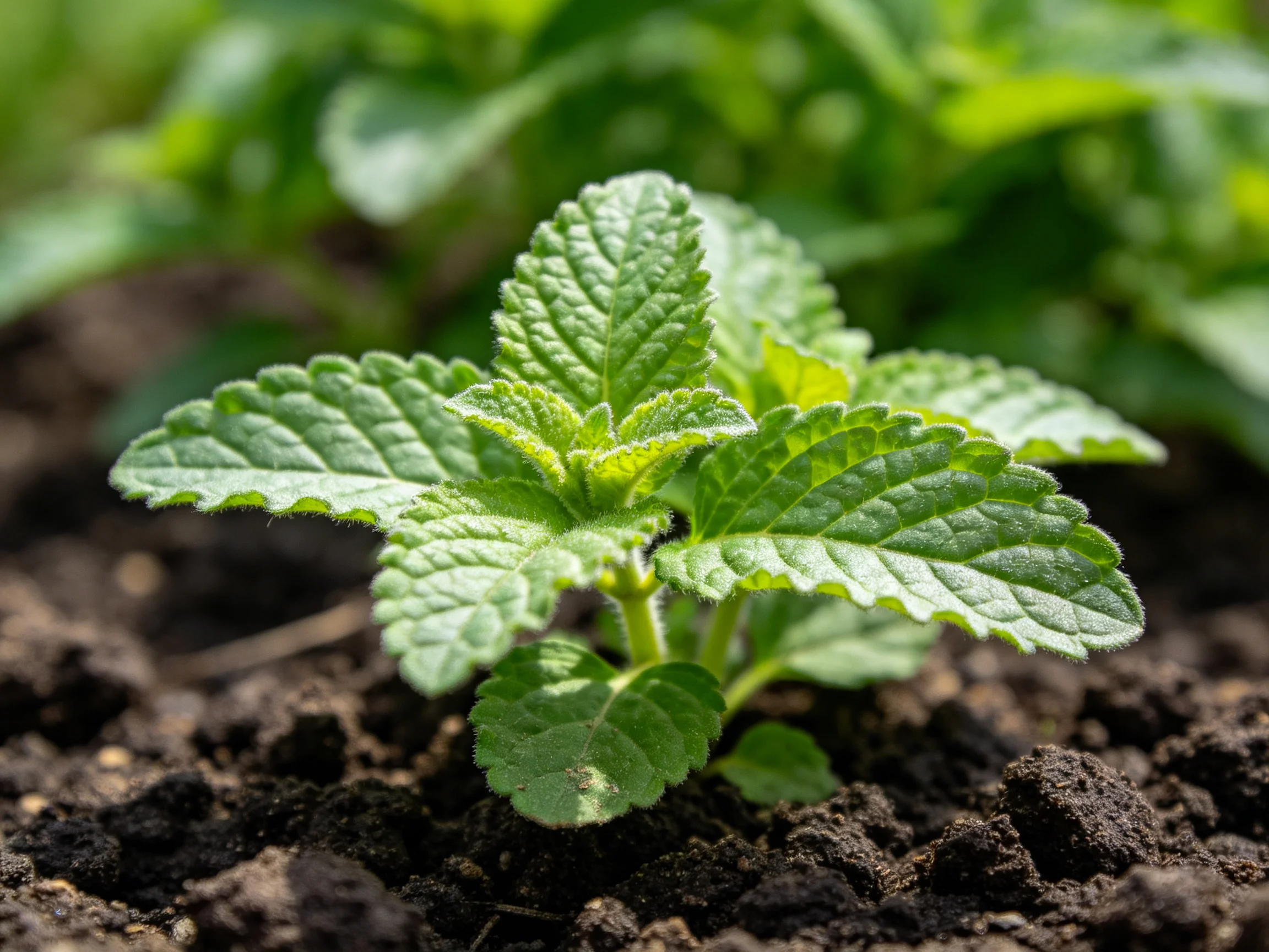 Young herb plant with serrated green leaves growing in dark soil