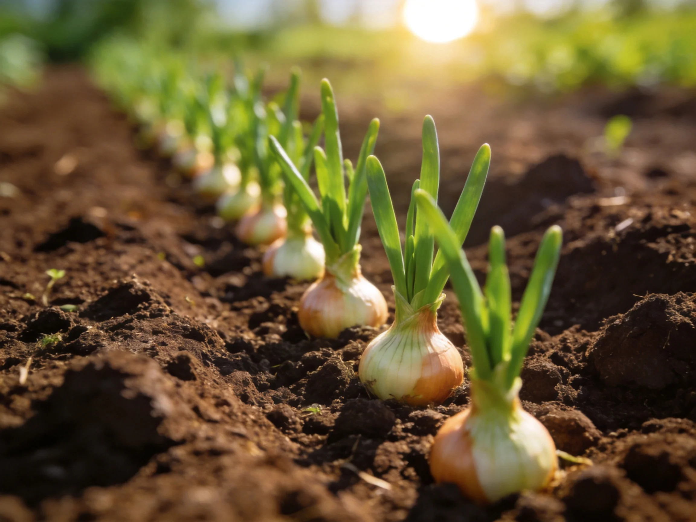 Young onion seedlings planted in organized rows of dark soil under sunny conditions