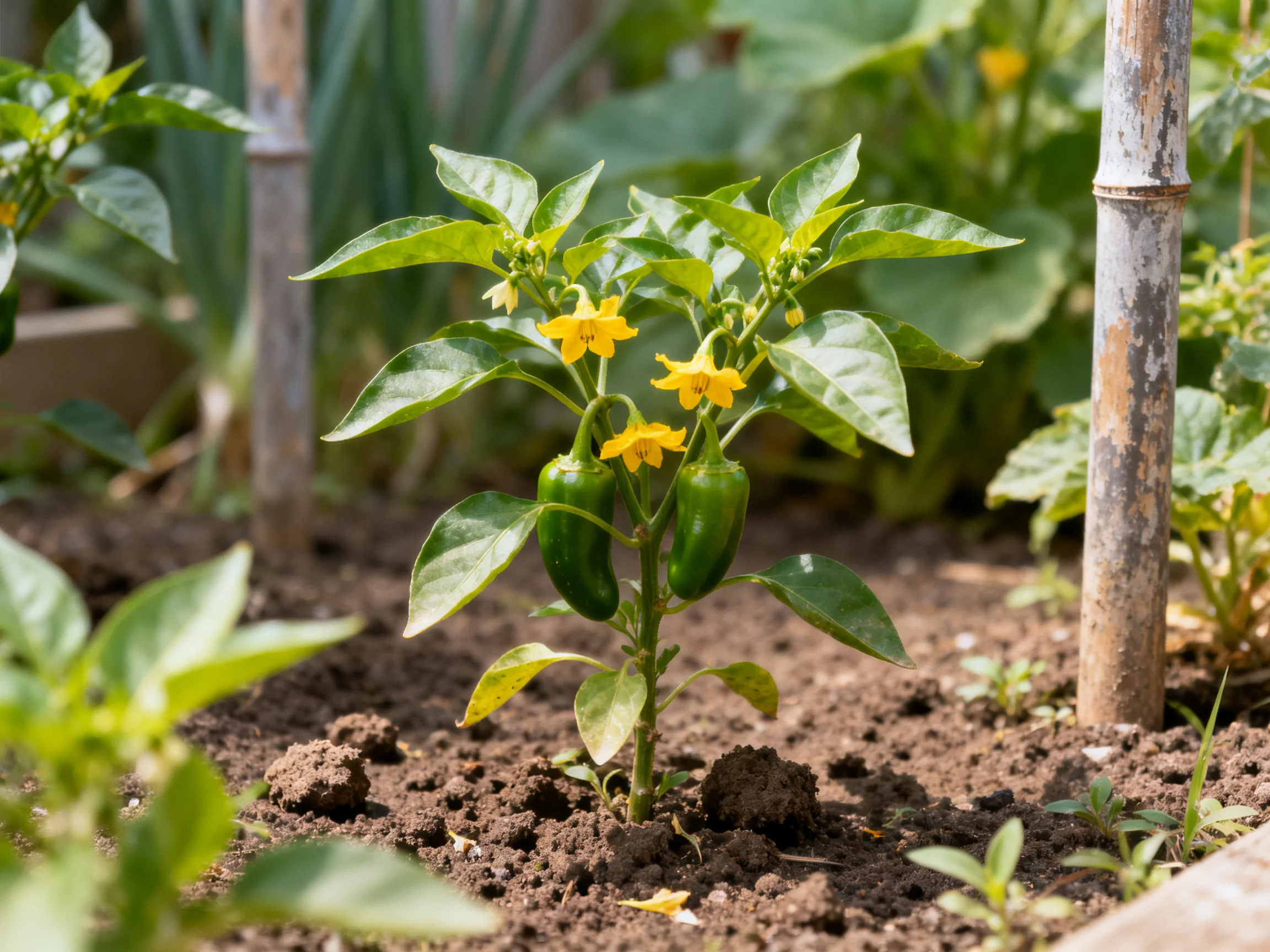 Young pepper plant with green peppers and yellow flowers in a garden bed