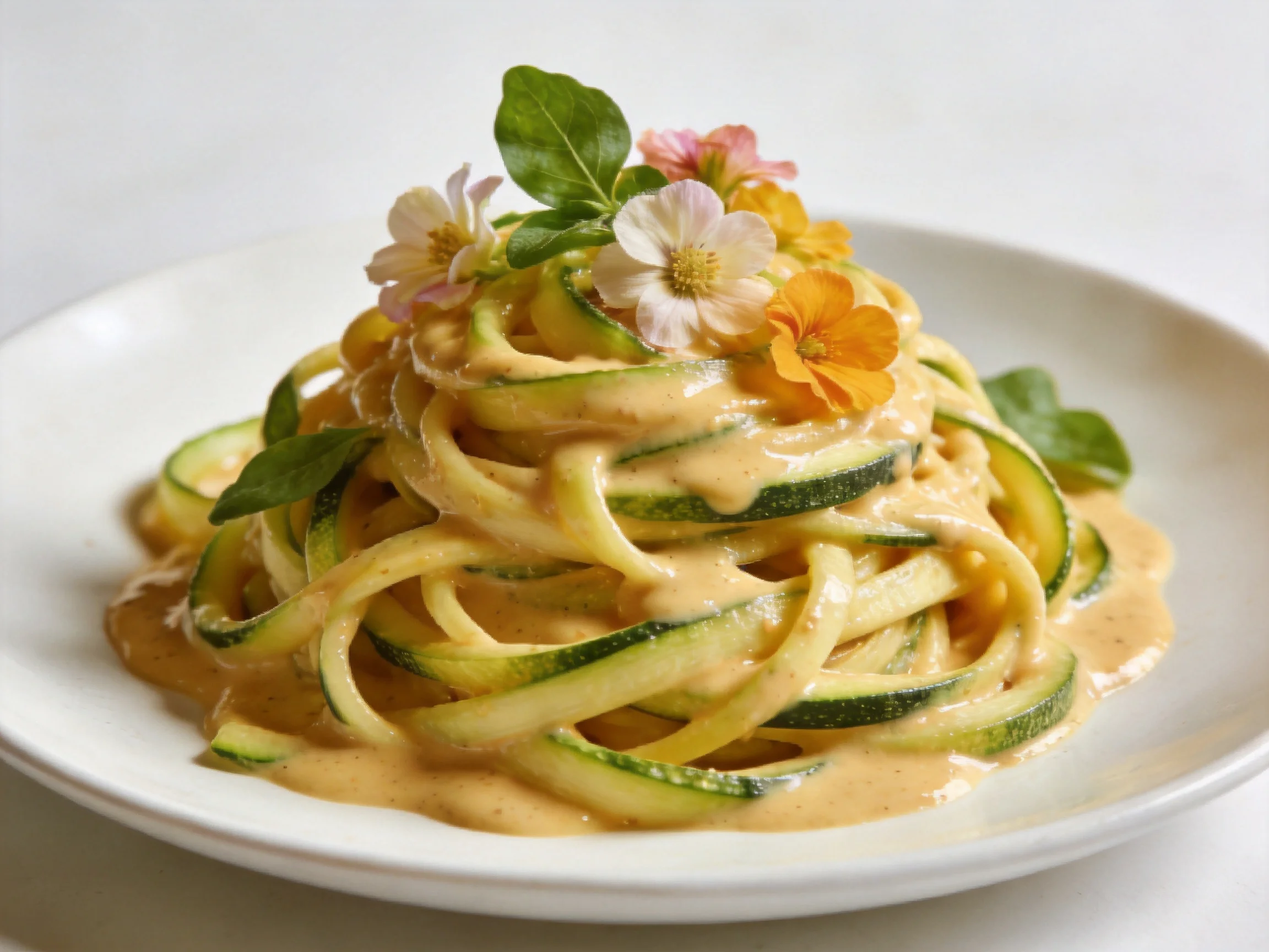 Zucchini ribbon pasta with creamy sauce and decorative edible flowers