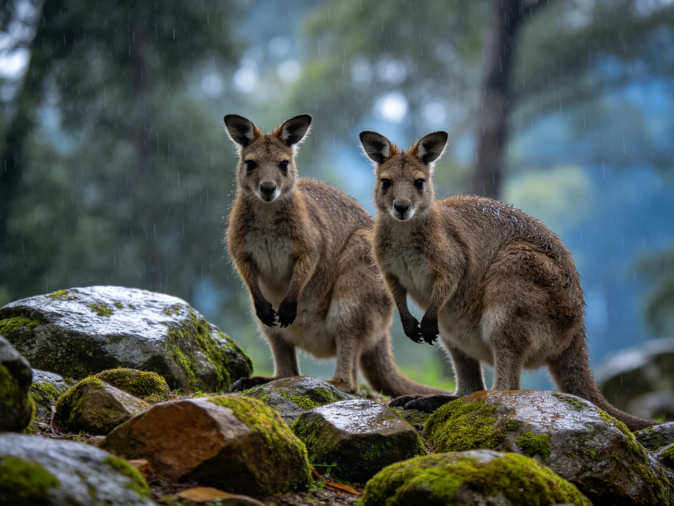? Wait, Two brown kangaroos stand on mossy rocks during rainfall in a forest. – , but maybe shorter. Kangaroos stand on mossy rocks