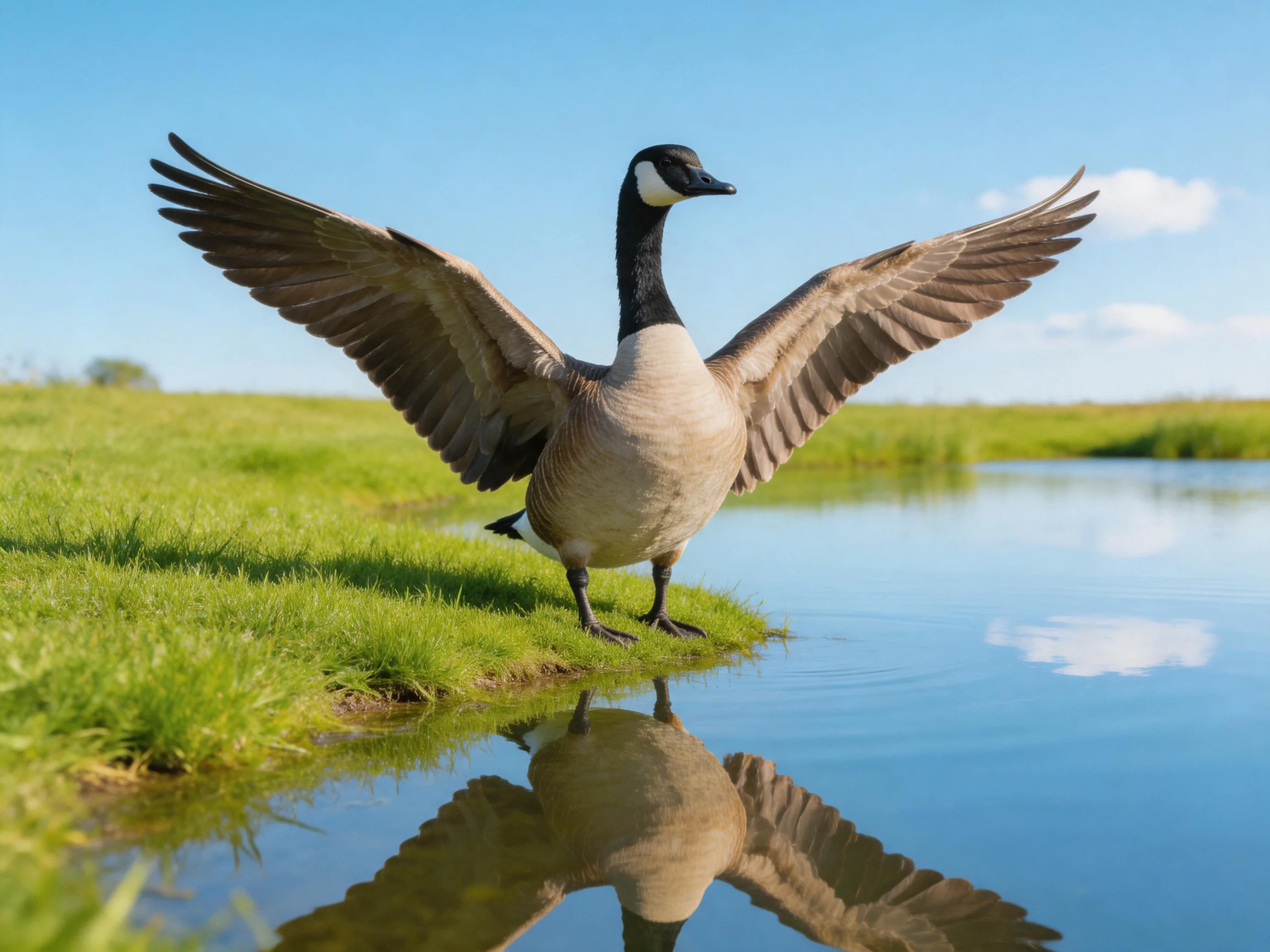 A Canada Goose extends its wings beside calm water.