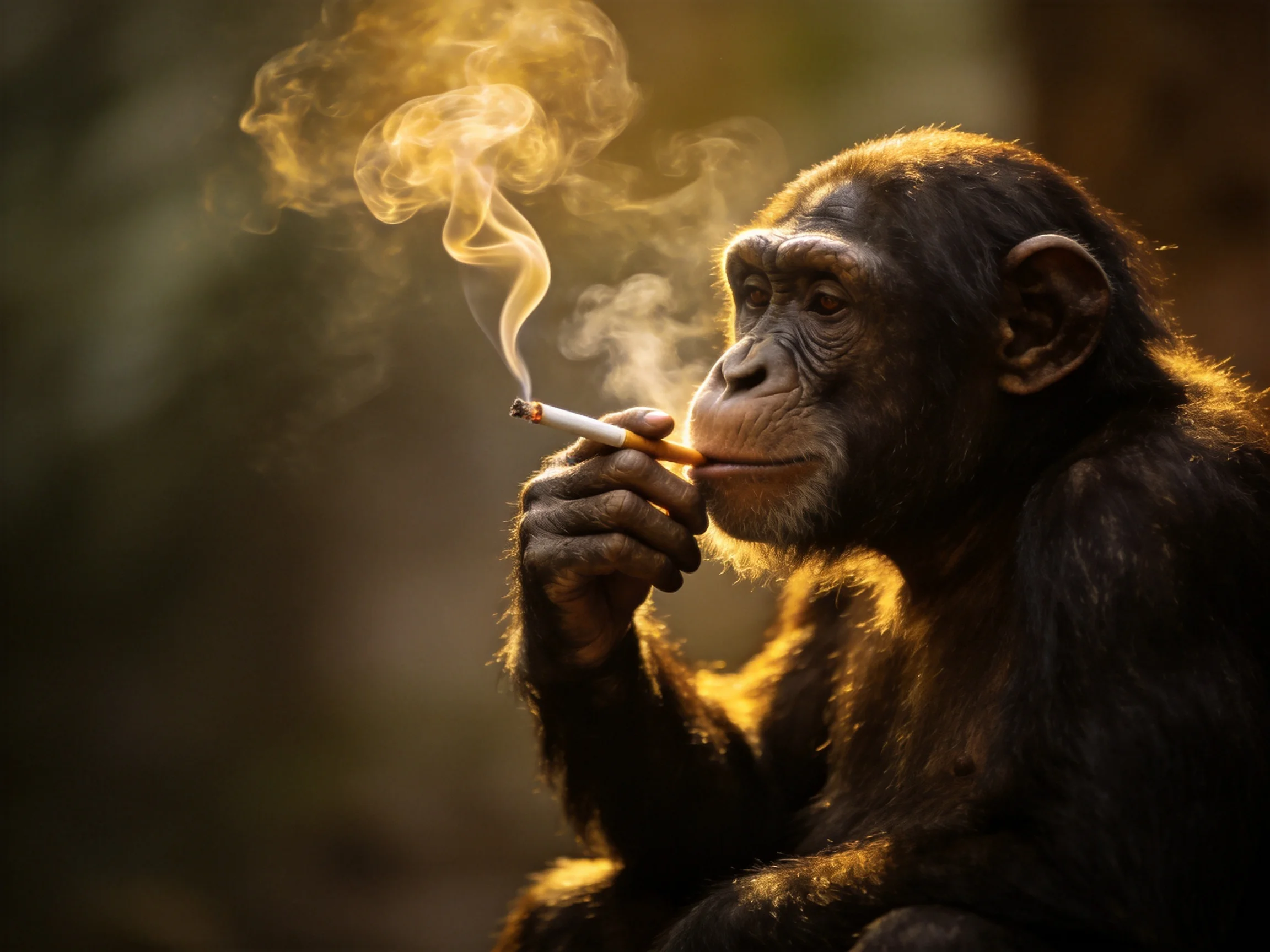 A Chimpanzee smokes a cigarette with smoke rising in warm light.