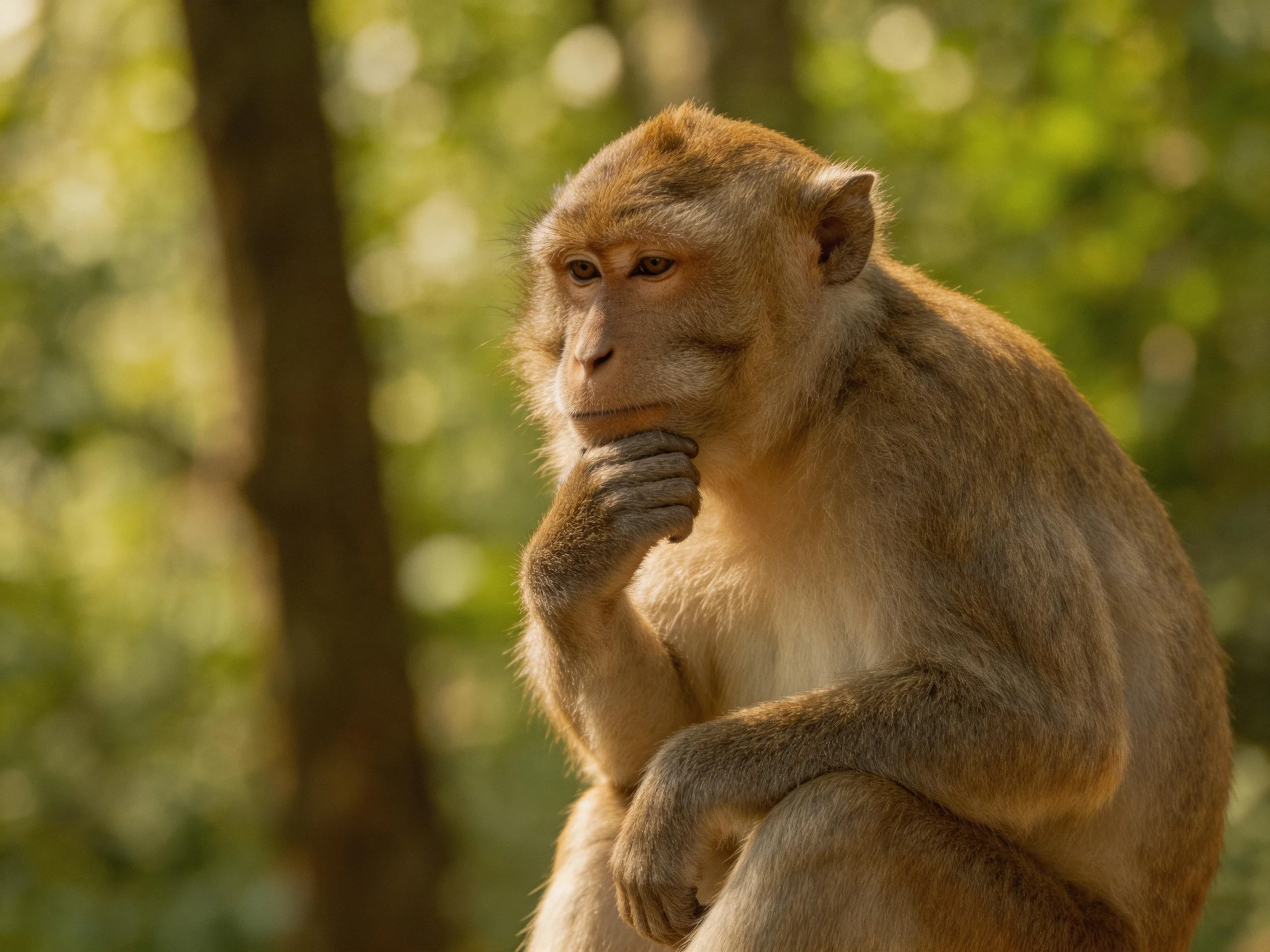 A Contemplative Monkey Rests Thoughtfully Among Lush Green Foliage