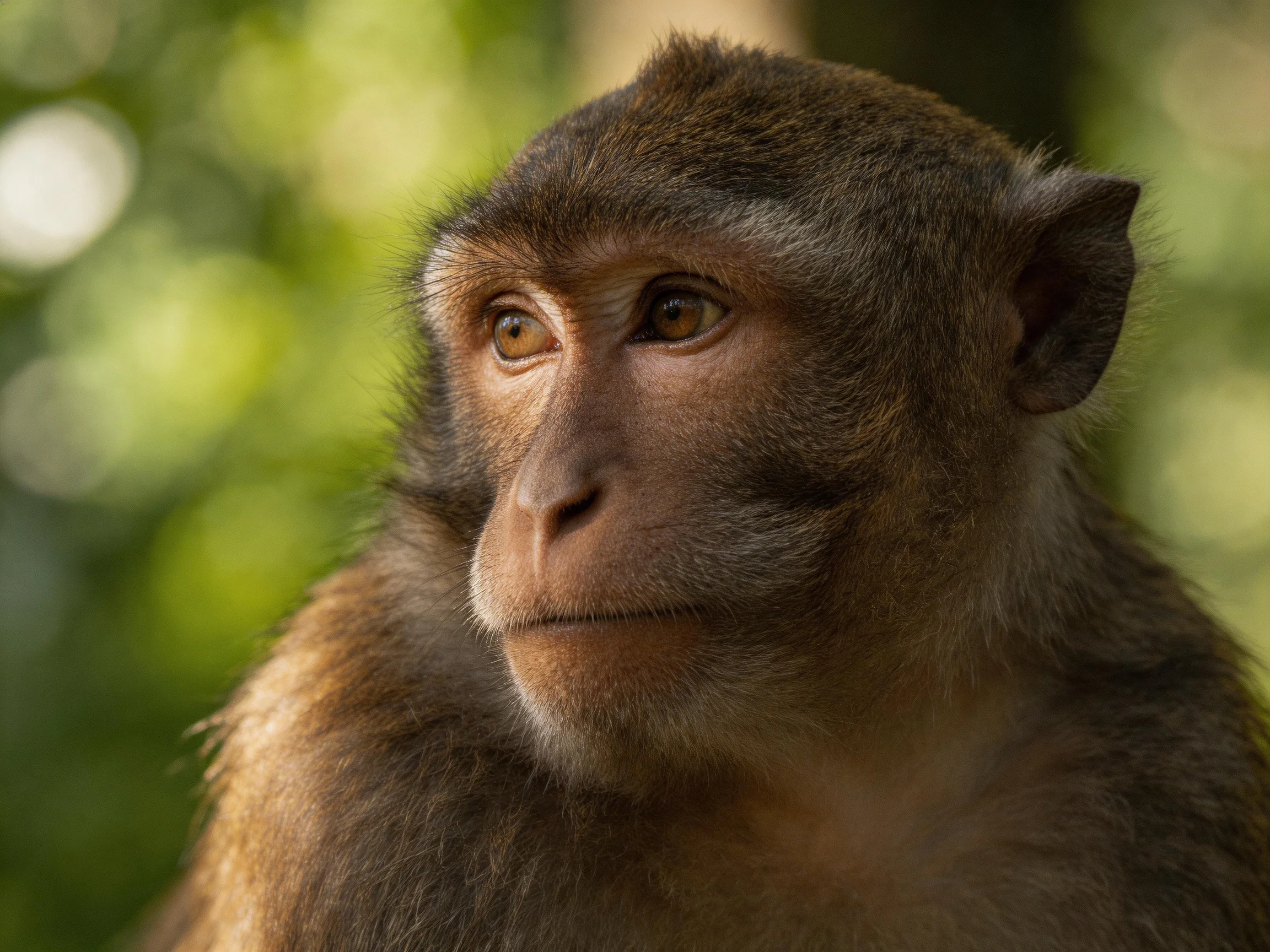 A Contemplative Monkey with Rich Brown Fur Amid Green Foliage
