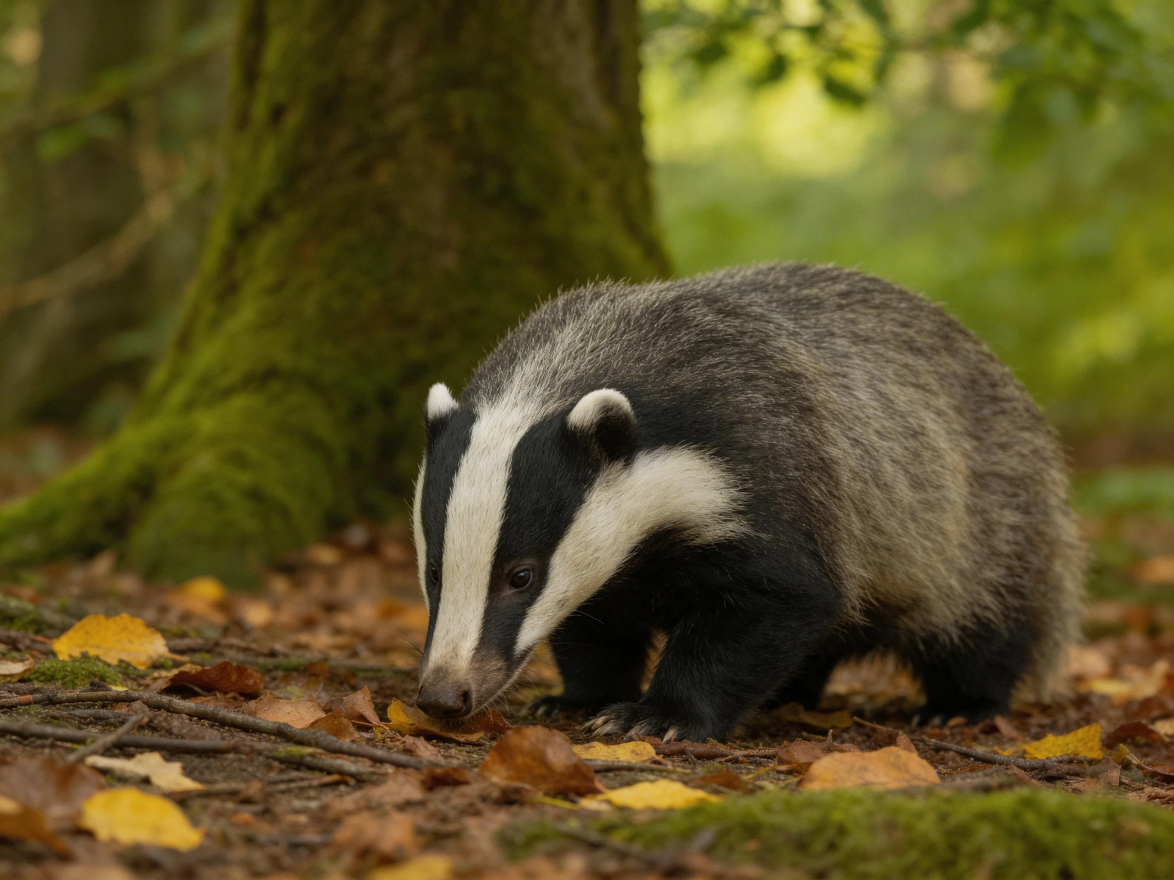 A European badger with black and white stripes explores autumn leaves near a mossy tree