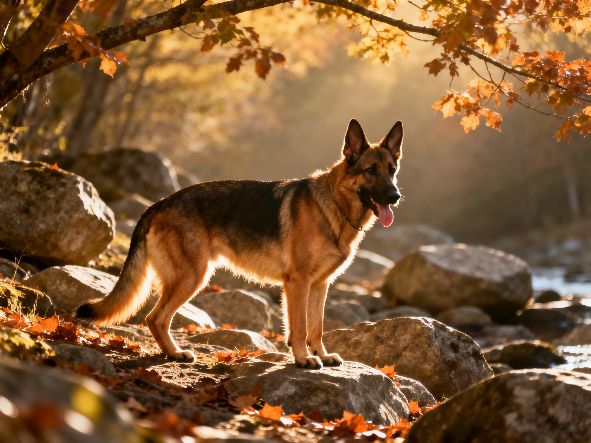 A German Shepherd stands on rocks in a sunlit autumn landscape.