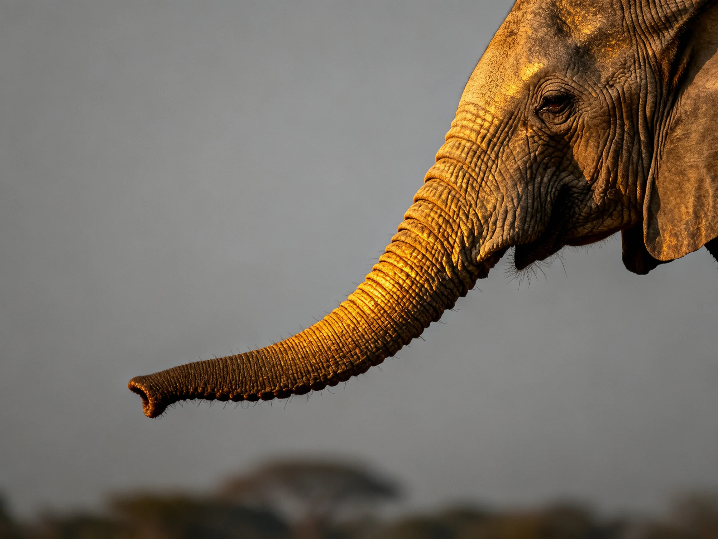 A Golden-Lit Elephant Trunk in Close-Up View