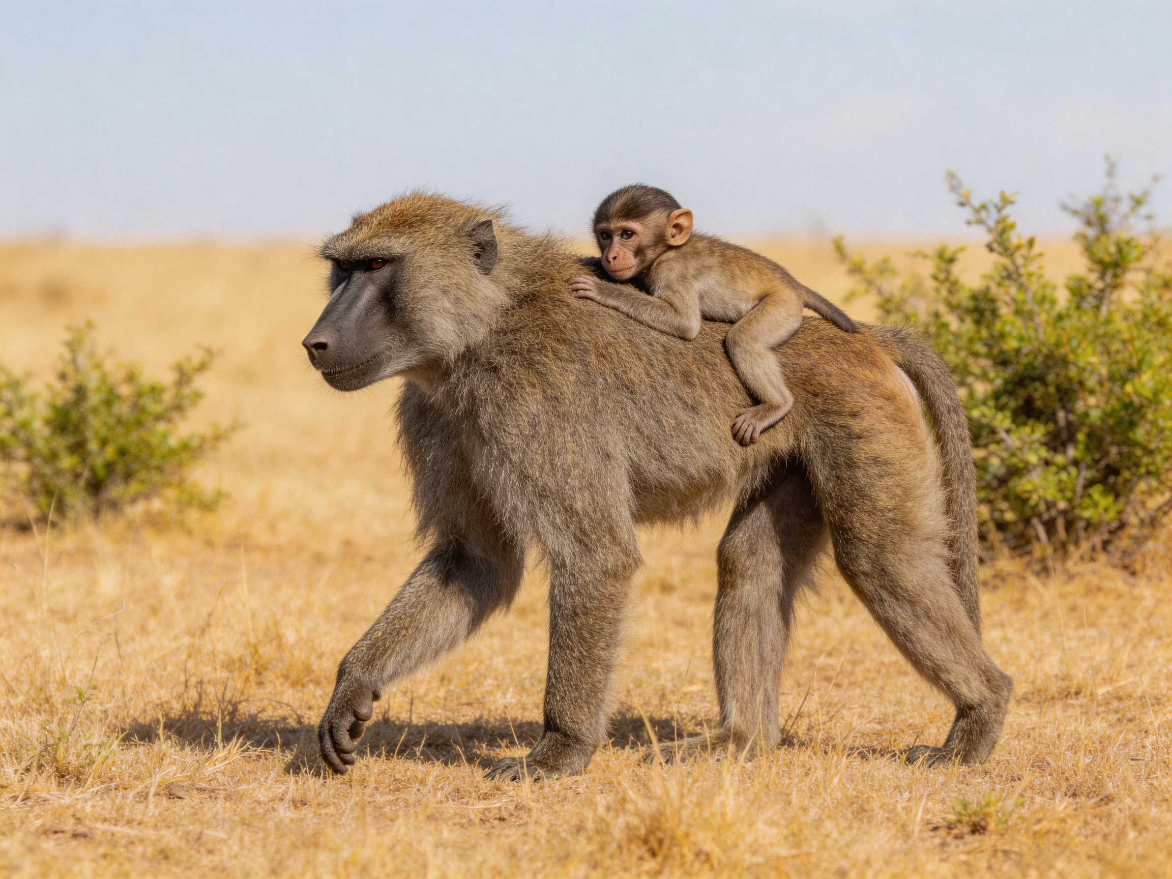A baboon carrying a young monkey through golden savannah terrain