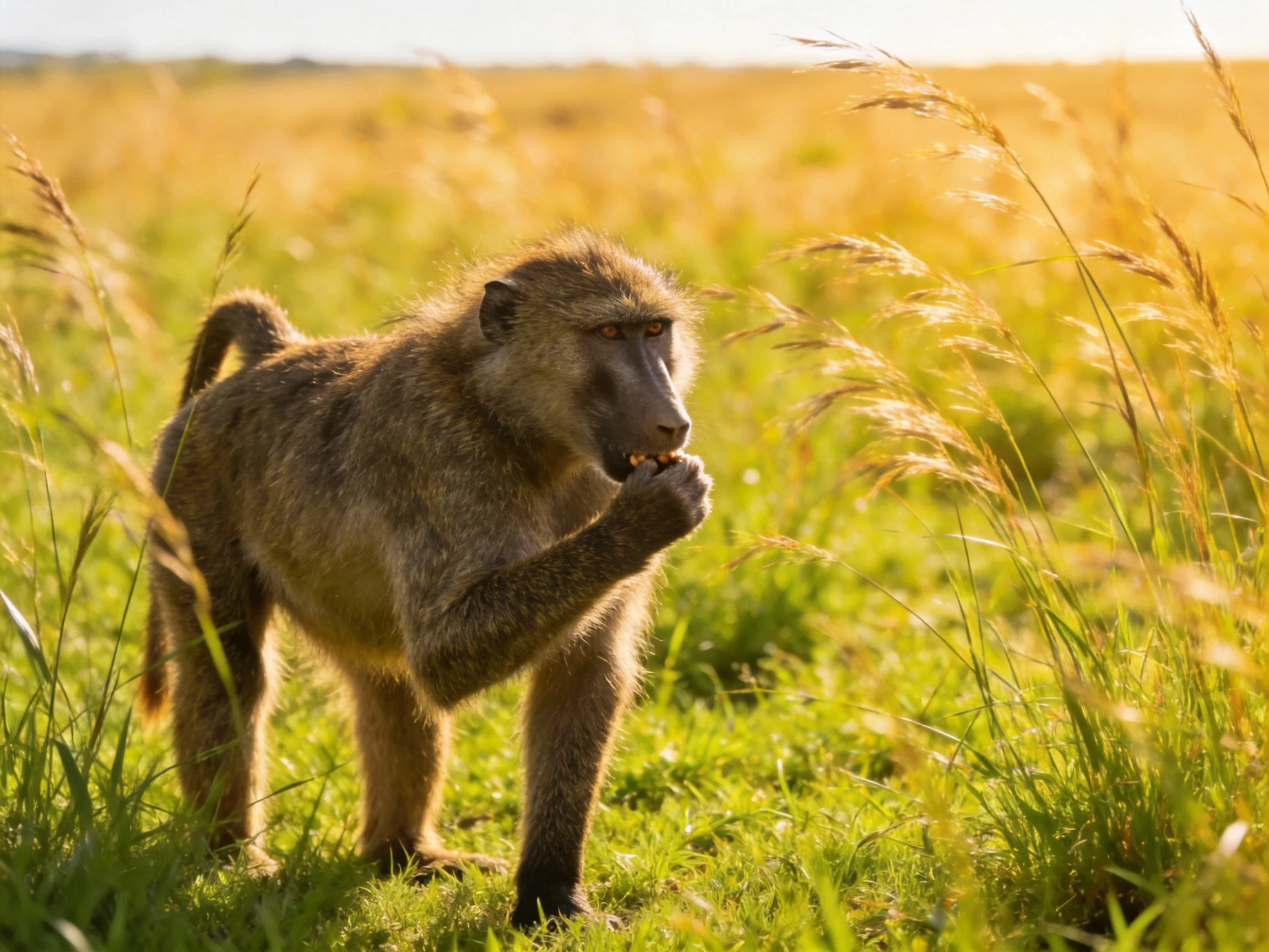 A baboon forages among golden grasses in a sun-drenched savannah