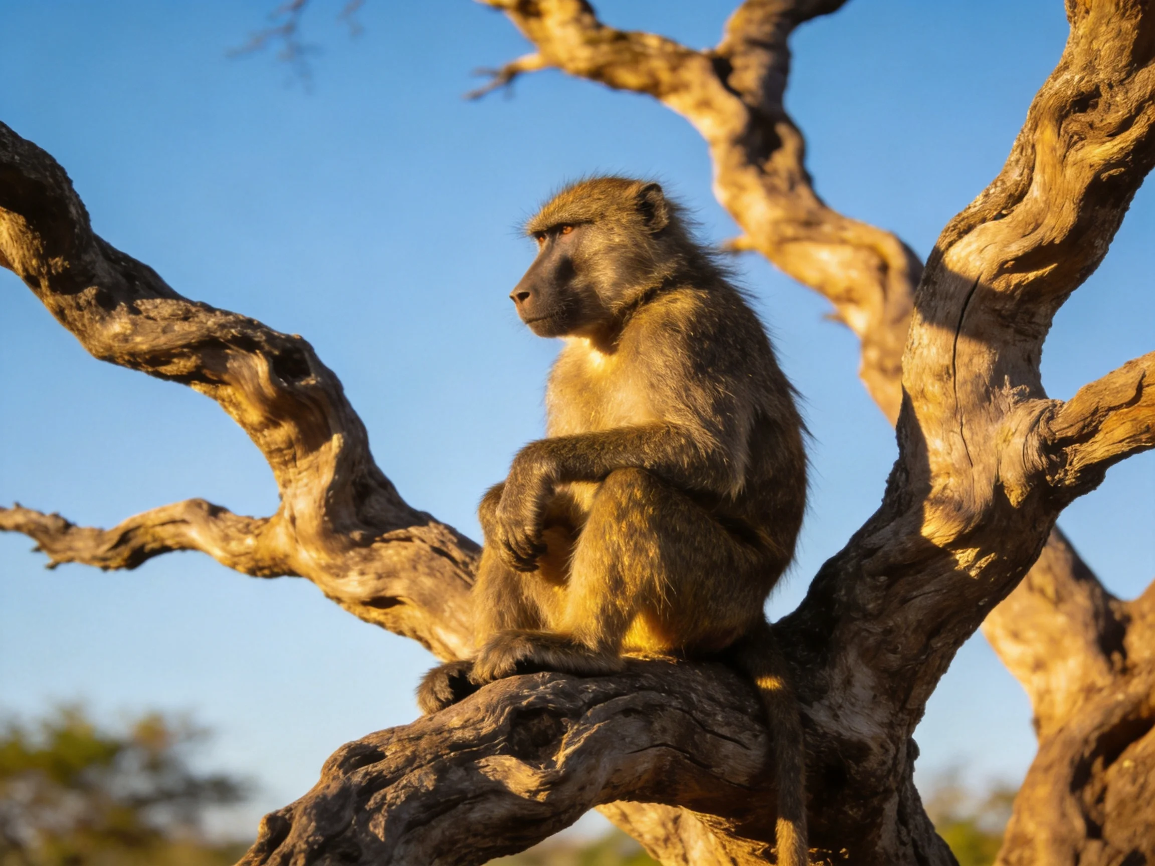 A baboon sits atop a gnarled brown tree branch under bright blue sky
