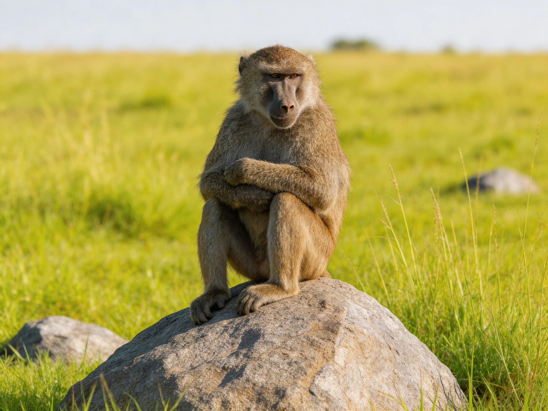 A baboon sits atop a large gray rock in a lush green savannah