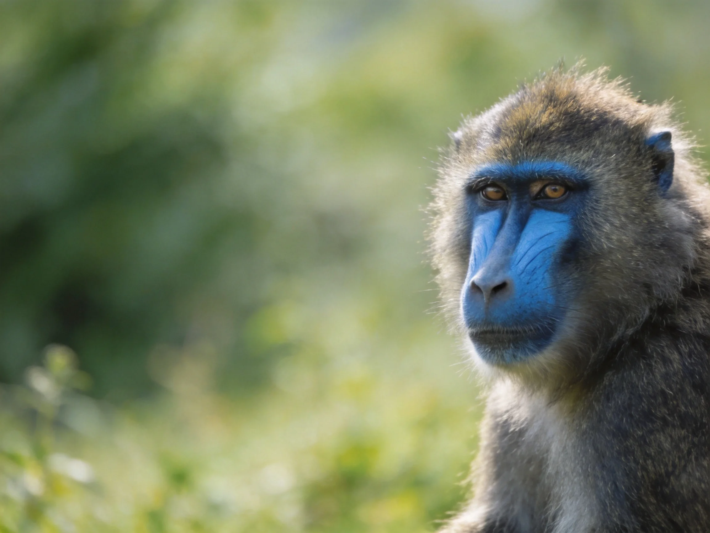 A baboon with bright blue facial markings in a verdant natural setting