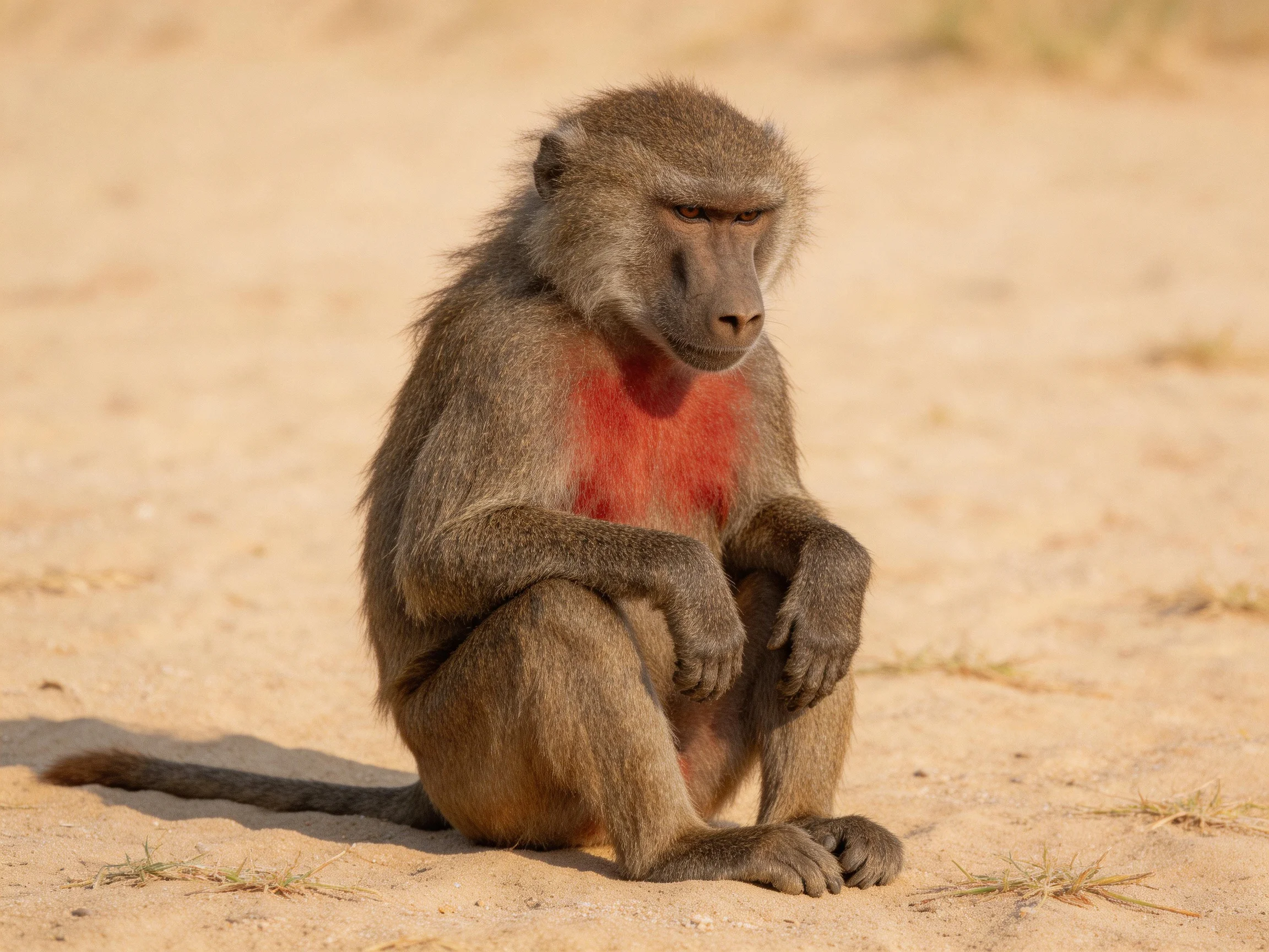 A baboon with reddish chest sits on sandy ground