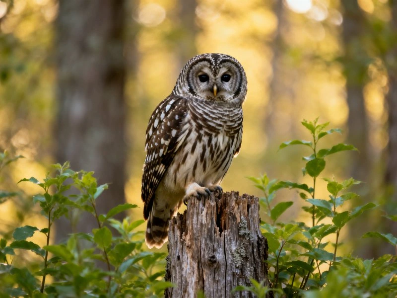 A barred owl perched on a weathered tree stump in a sunlit forest