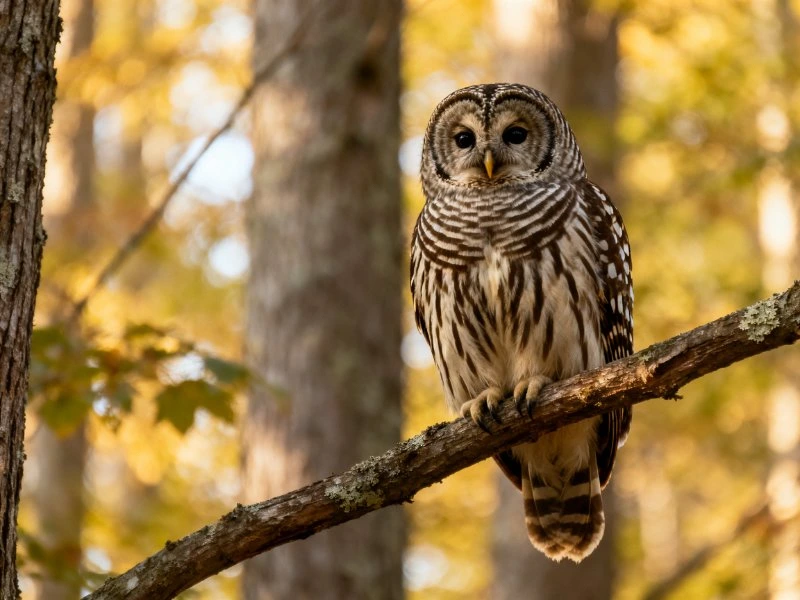 A barred owl perches on a moss-covered tree branch amid golden forest light
