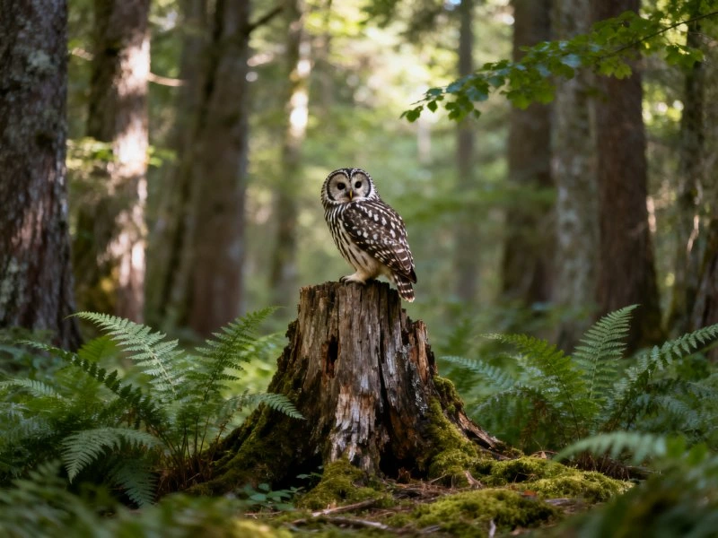 A barred owl perches on a moss-laden tree stump in a verdant forest