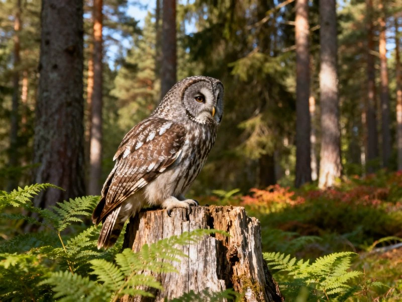 A barred owl perches on a weathered tree stump in a sunlit forest.