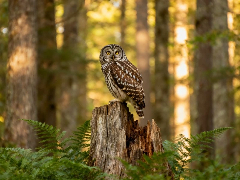 An owl perches on a tree stump in a sunlit forest.