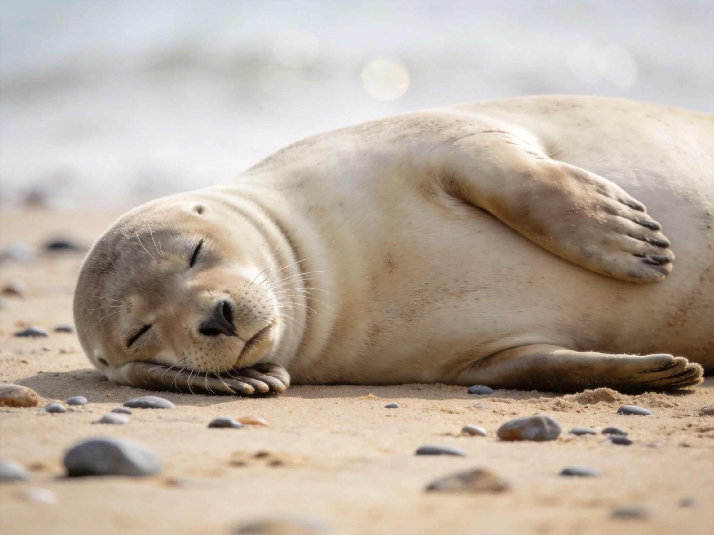 A beige seal rests on a pebbly sandy beach near the water