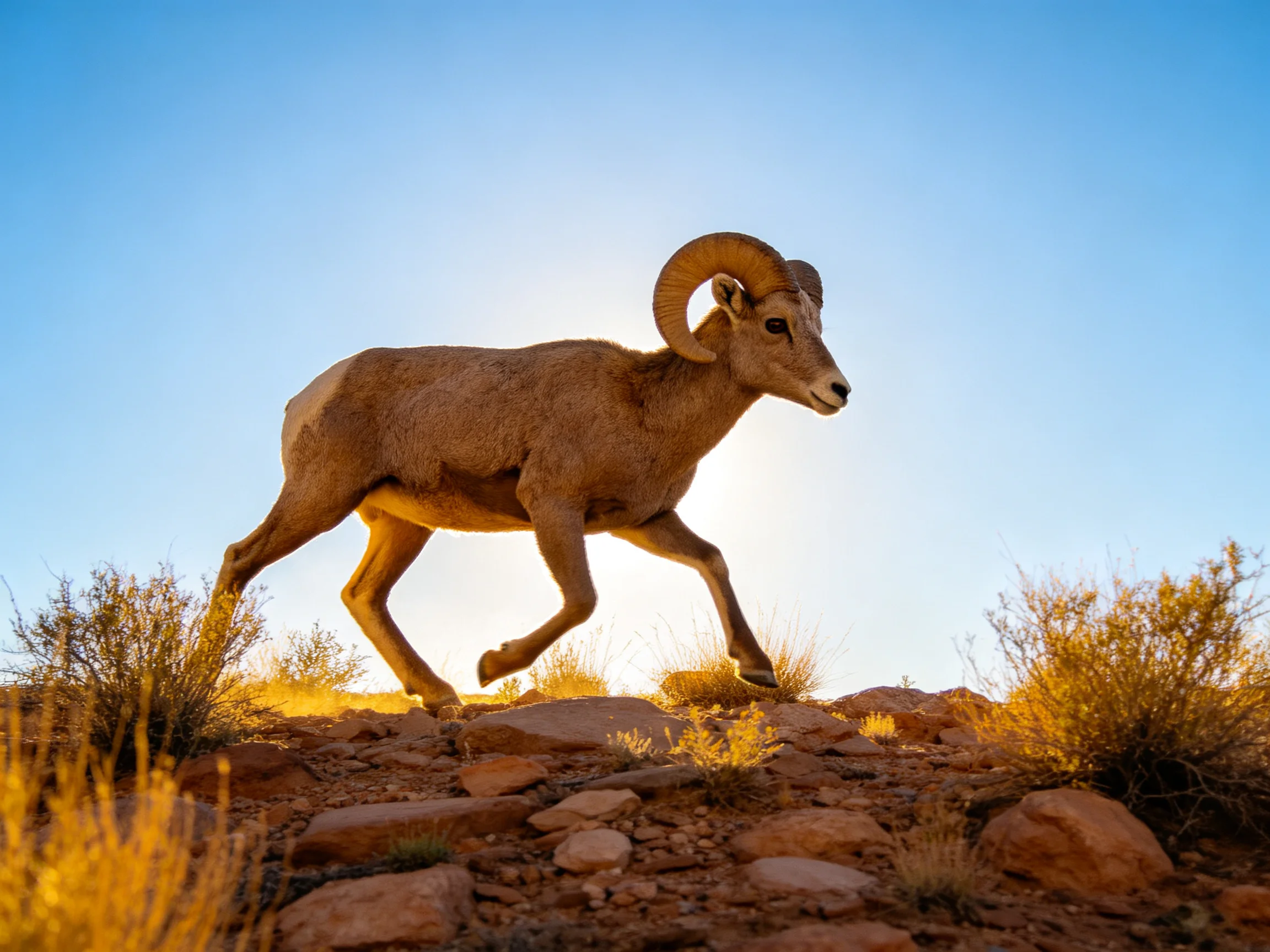 A bighorn sheep running on rocky desert terrain under bright blue sky