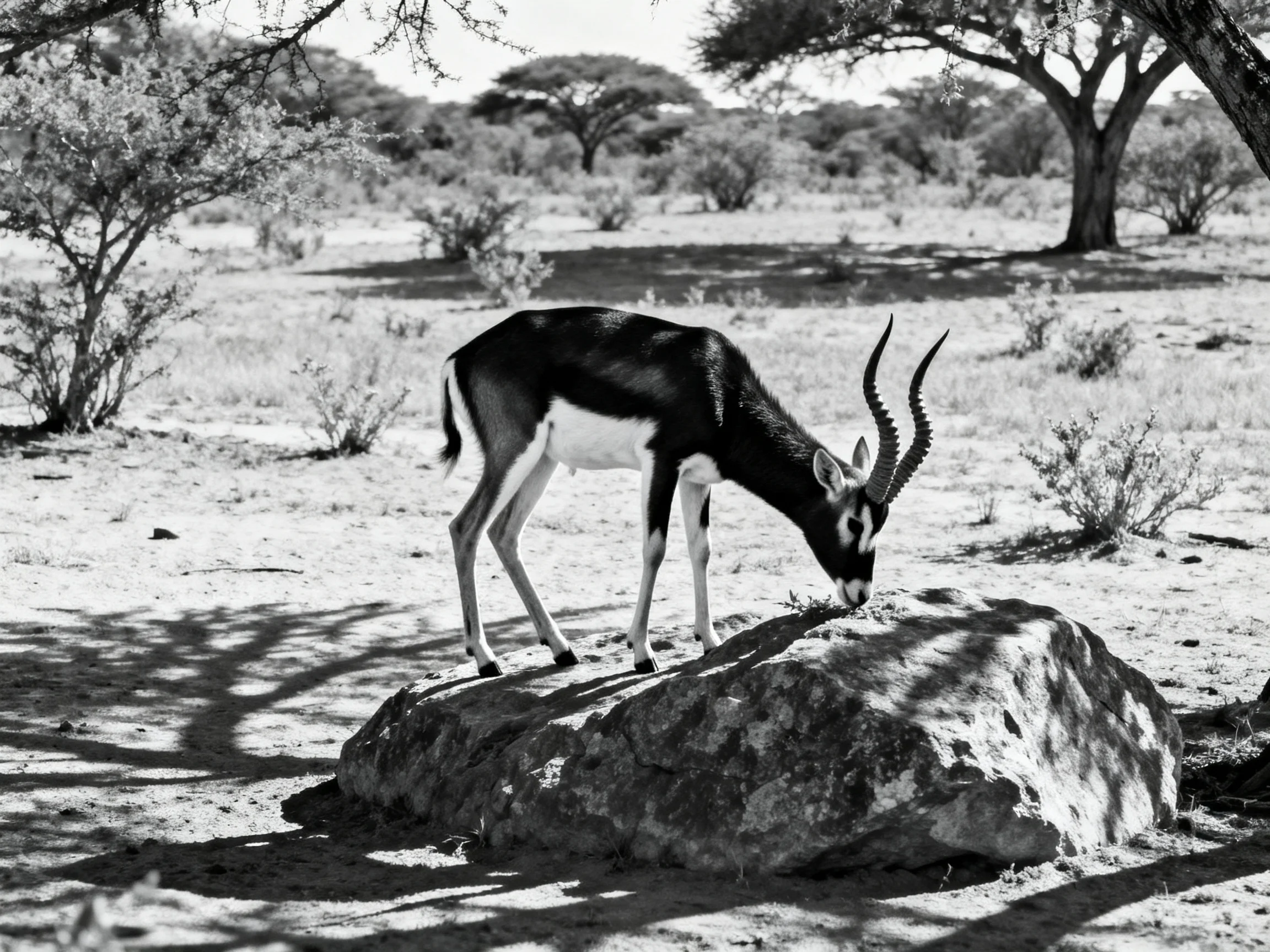 A black-and-white antelope grazing near a large rock in a sparse savannah landscape